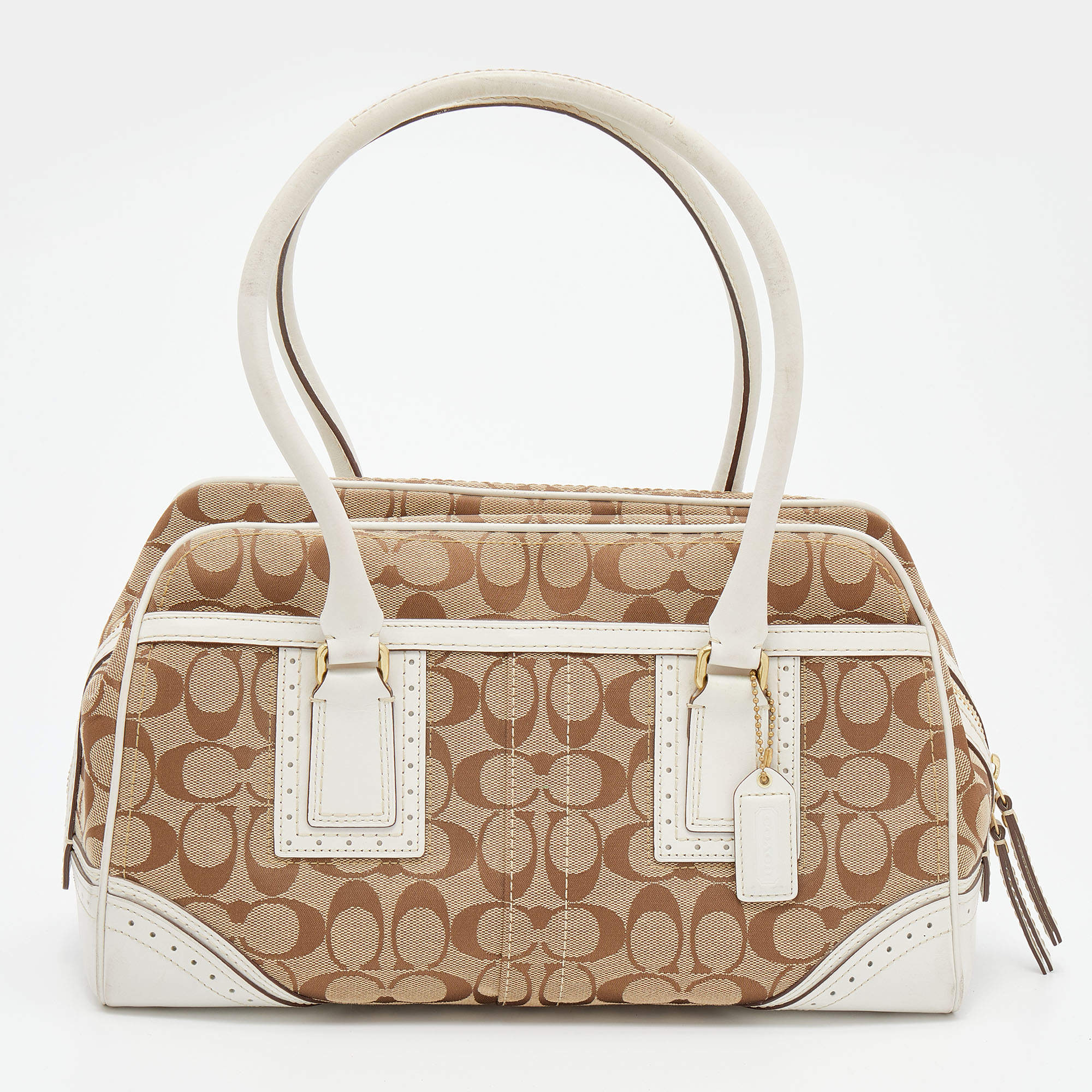 Coach Beige/White Signature Canvas and Leather Satchel