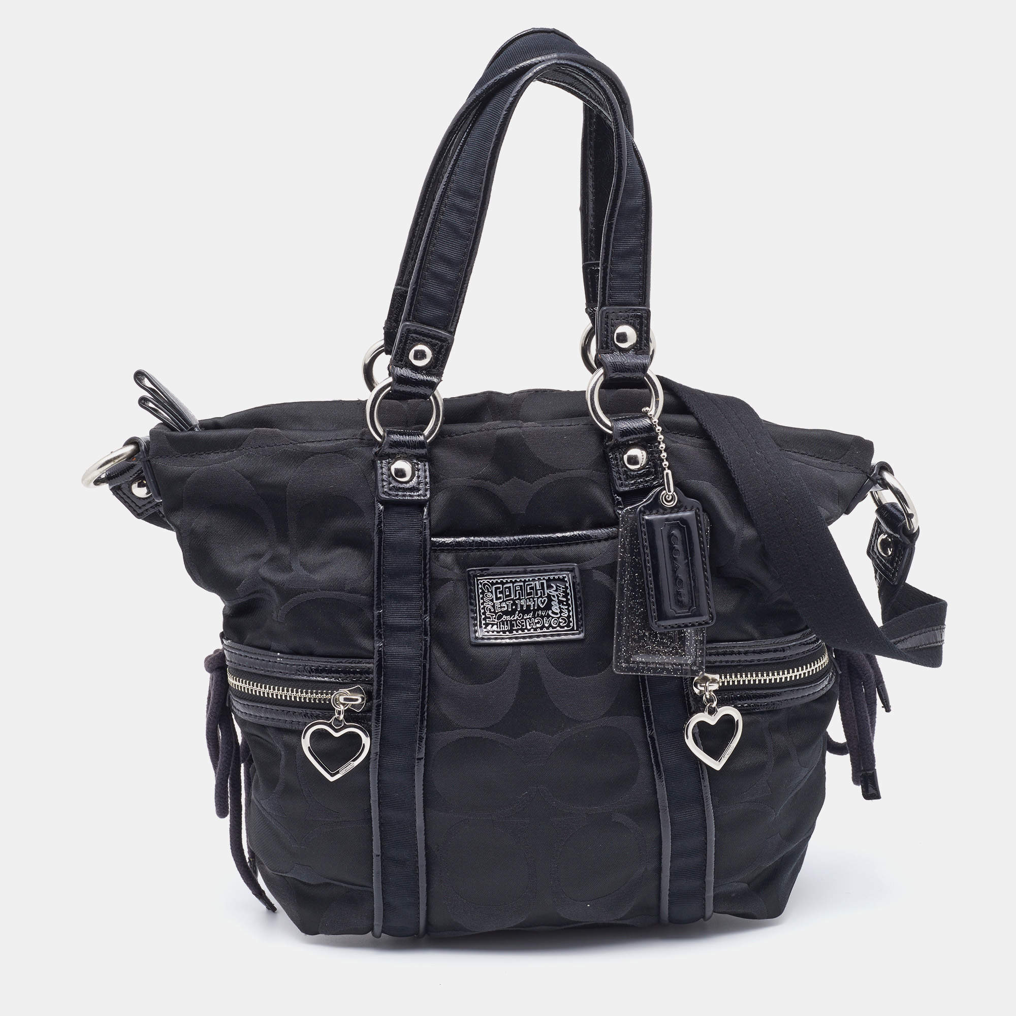 Pre Owned Coach Black Signature Fabric and Patent Leather Daisy Tote