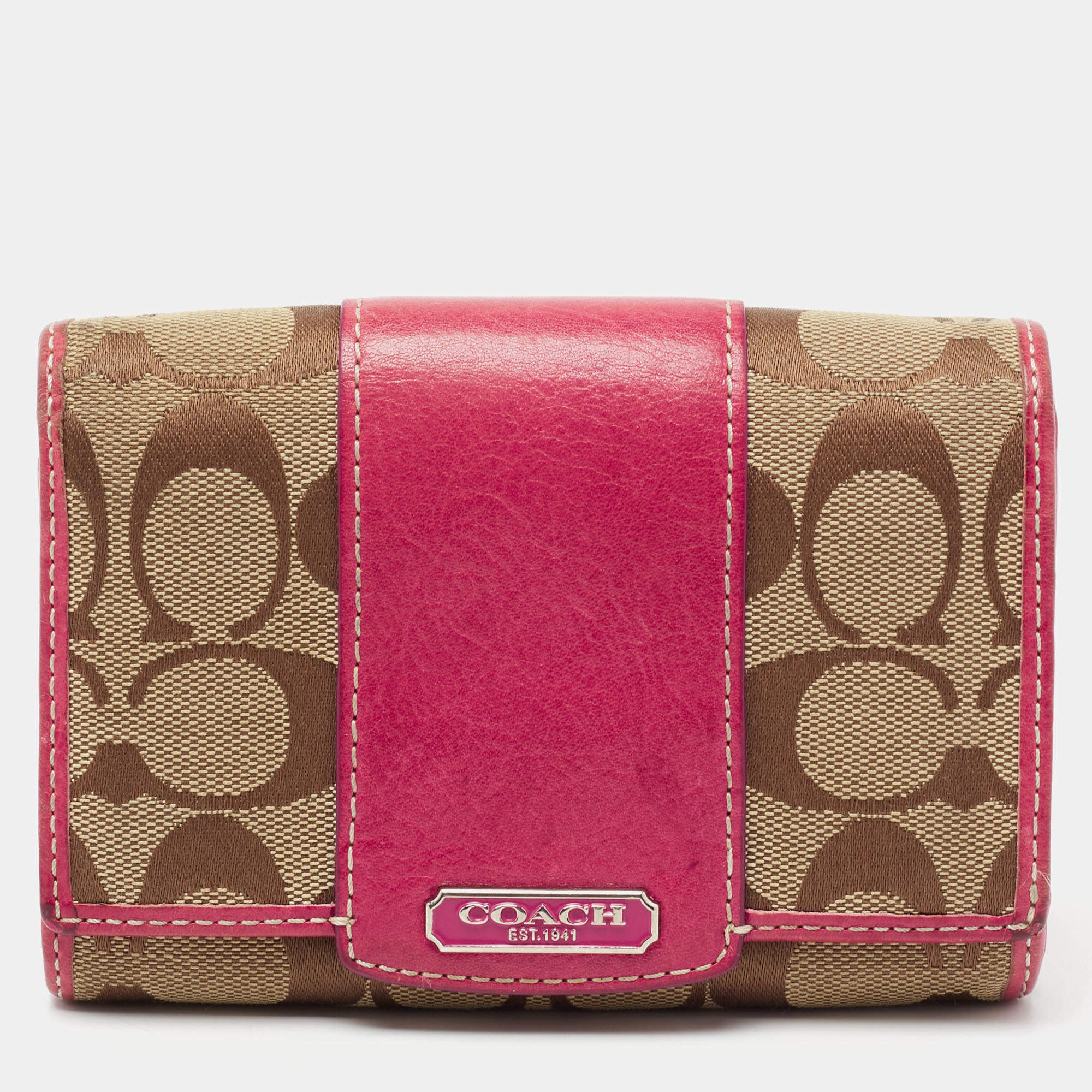 Coach Beige/Pink Signature Canvas And Leather Compact Wallet