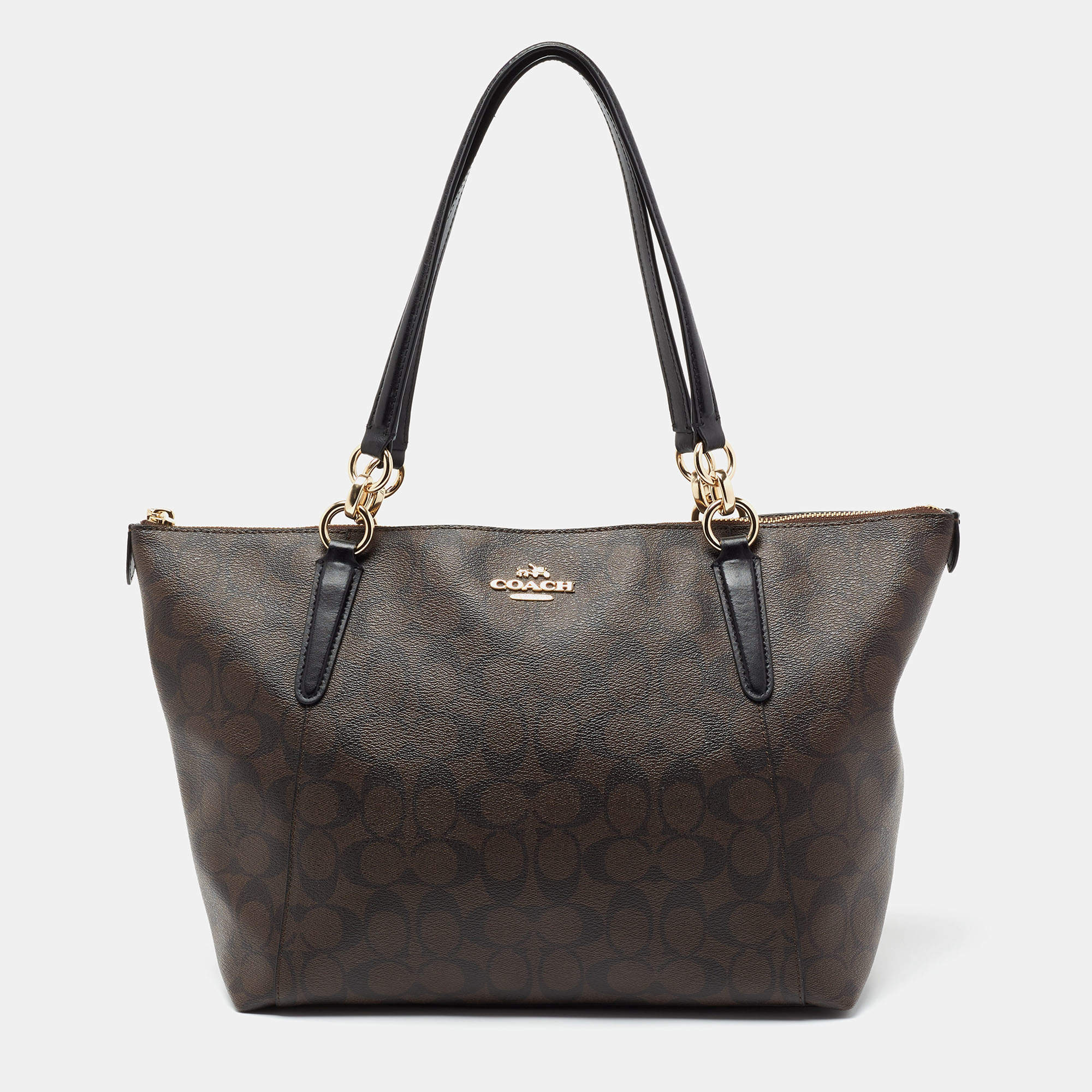 Coach Brown Black Signature Coated Canvas and Leather Ava Tote