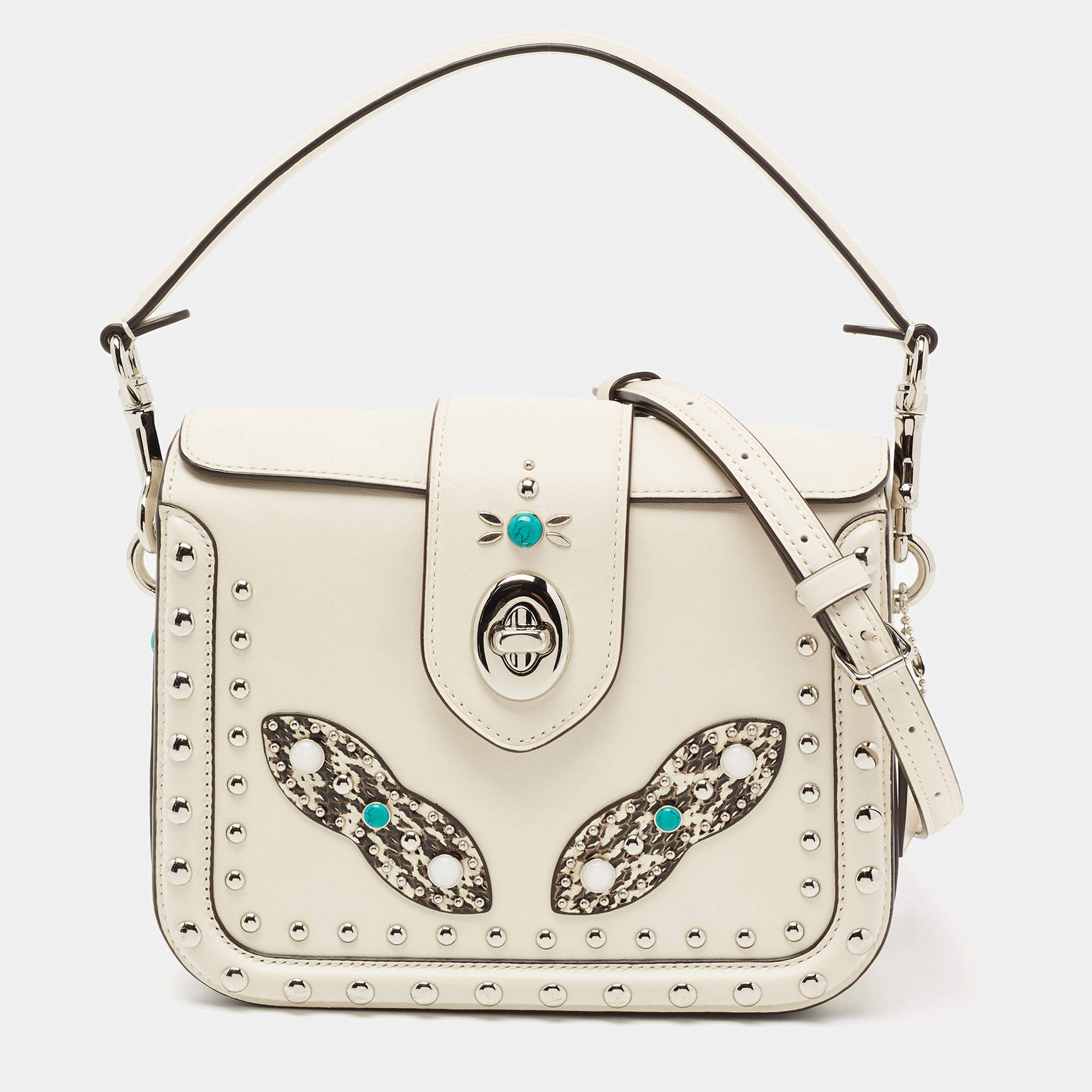 Pre Owned Coach Off White Leather And Python Western Rivets Page Top Handle Bag