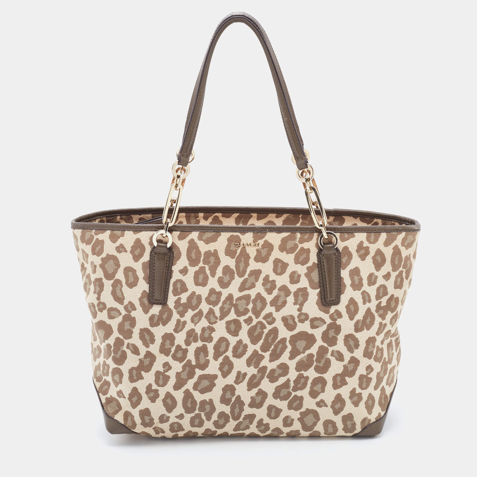 Pre Owned Coach Brown Ocelot Print Jacquard and Leather Madison East/West Tote