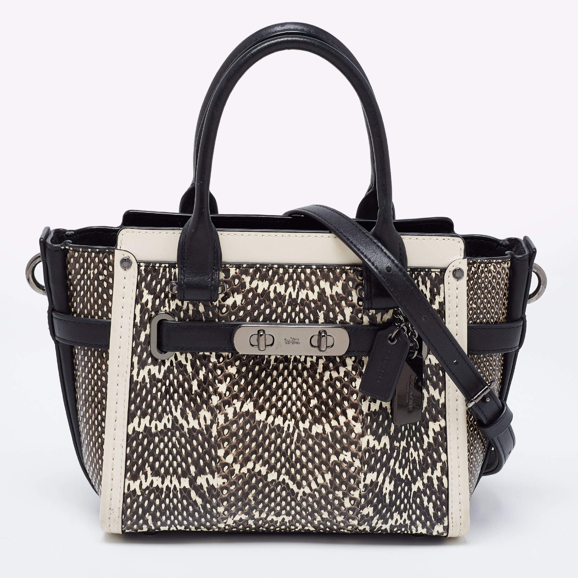 Coach Black Beige Snakeskin Embossed And Leather Swagger 20 Tote