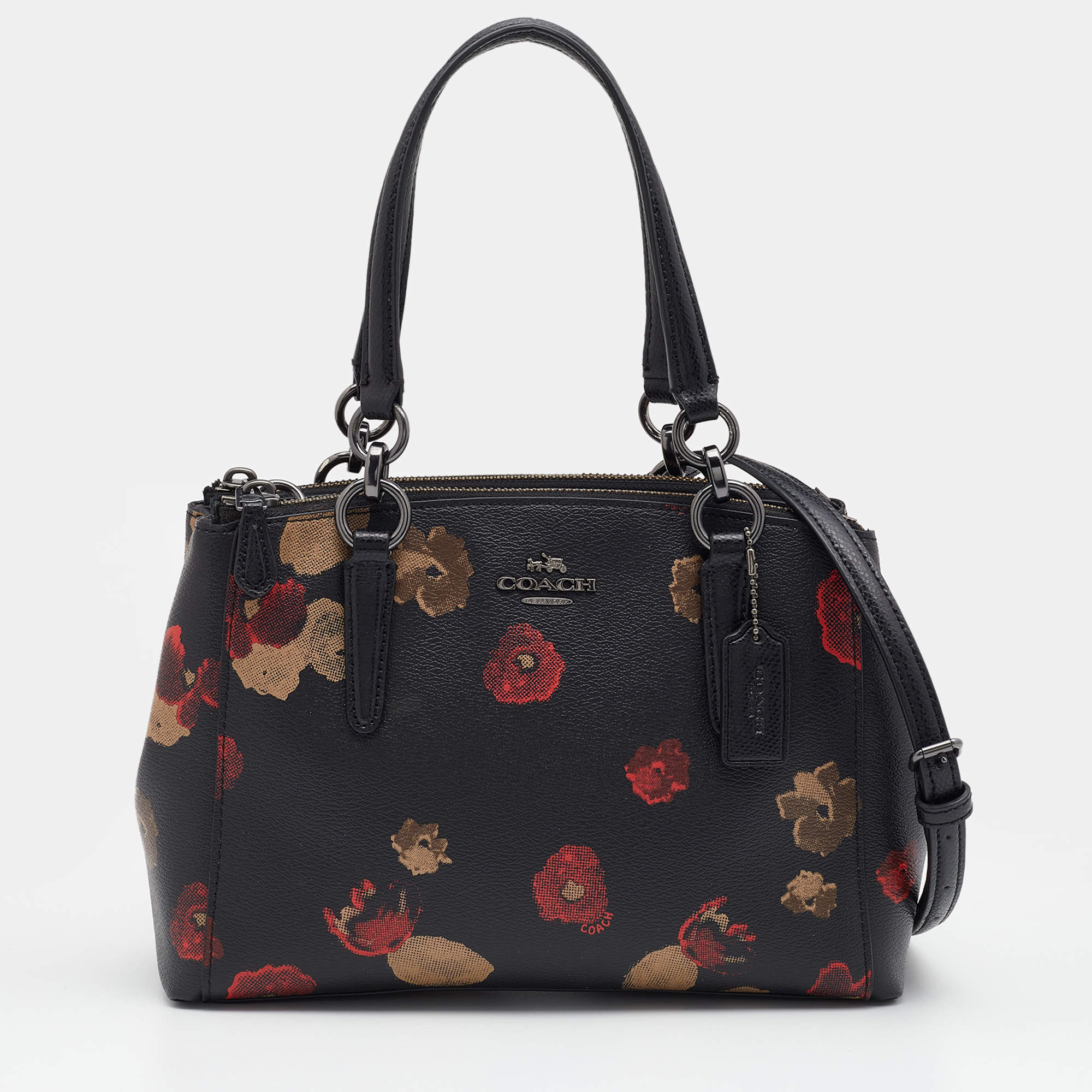 Coach Black Flower Print Coated Canvas And Leather Mini Christie Carryall Satchel