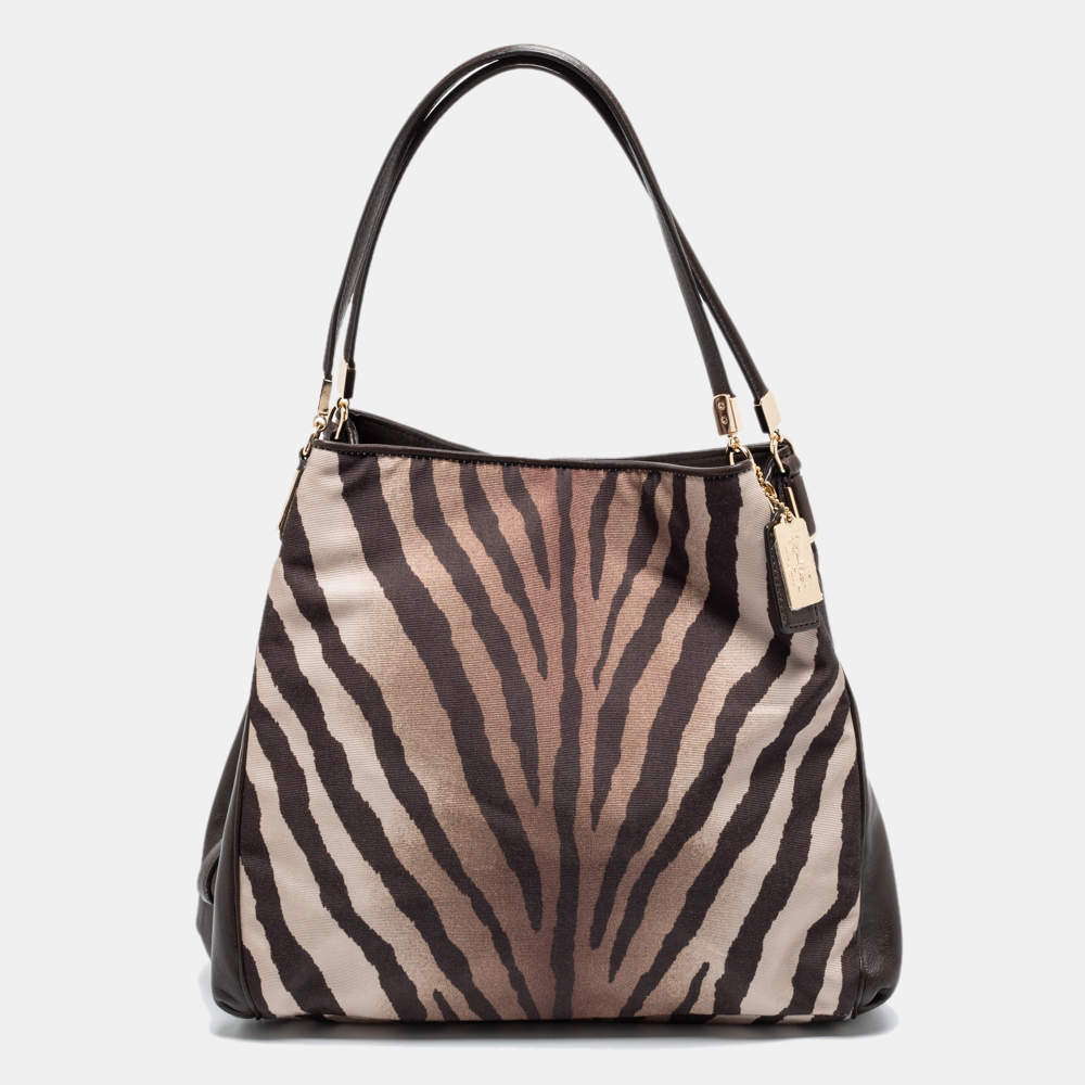 Pre Owned Coach Brown/Beige Zebra Print Canvas and Leather Madison Phoebe Shoulder Bag