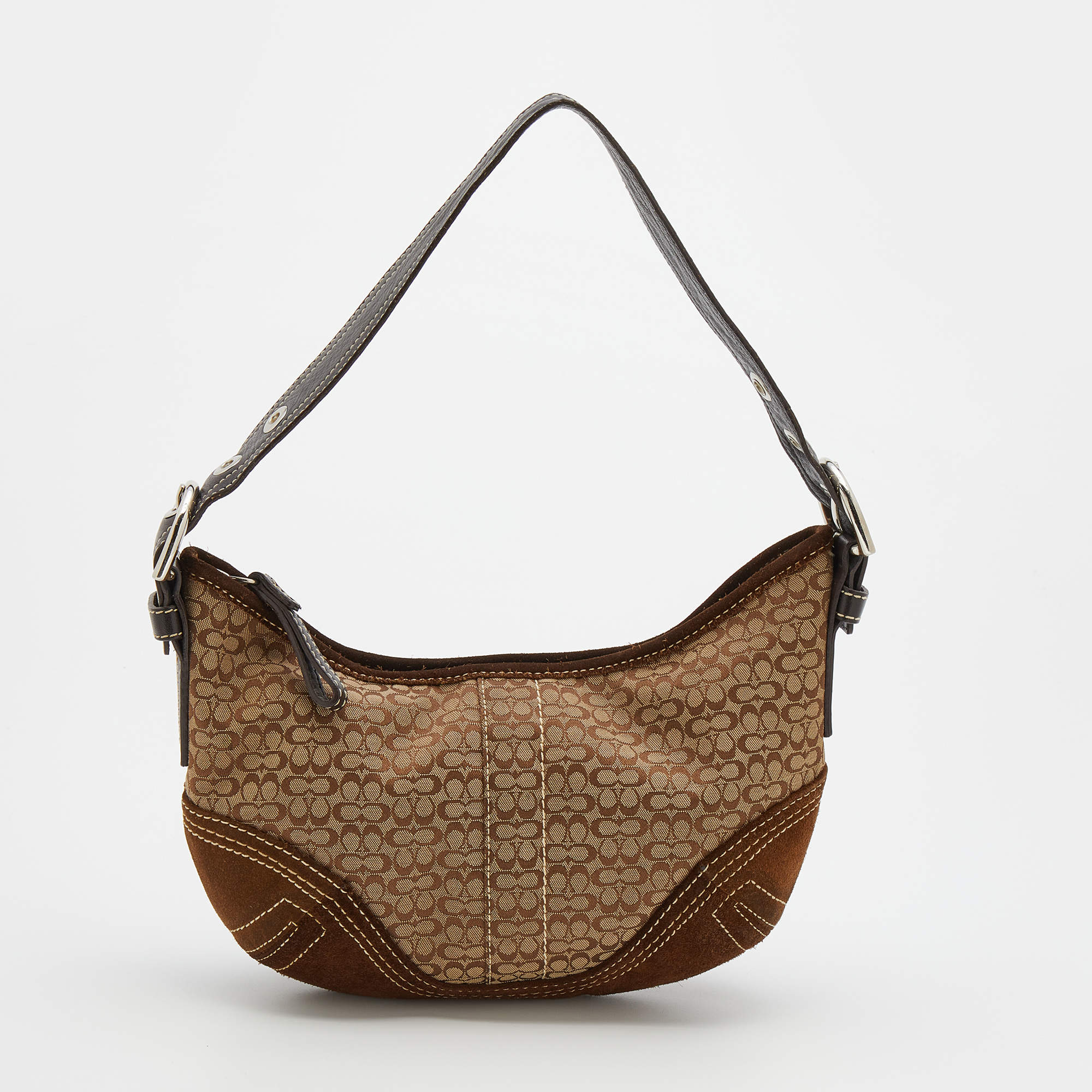 Pre Owned حقيبة هوبو كوتش سويدي وكانفاس بشعار ماركة بيج/بني