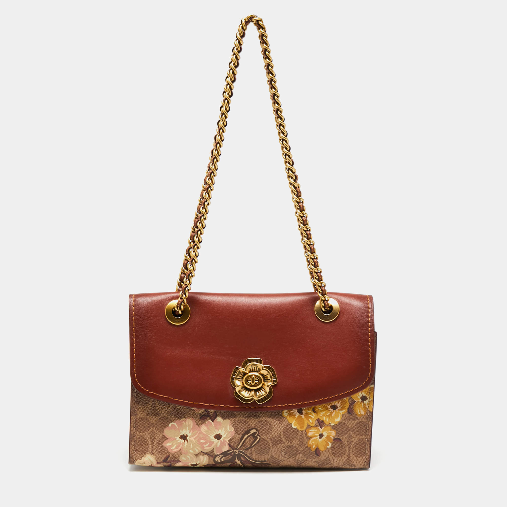 مملوكة مسبقًا حقيبة كتف كوتش باركر جلد وكانفاس مقوى بالشعار بني/بيج