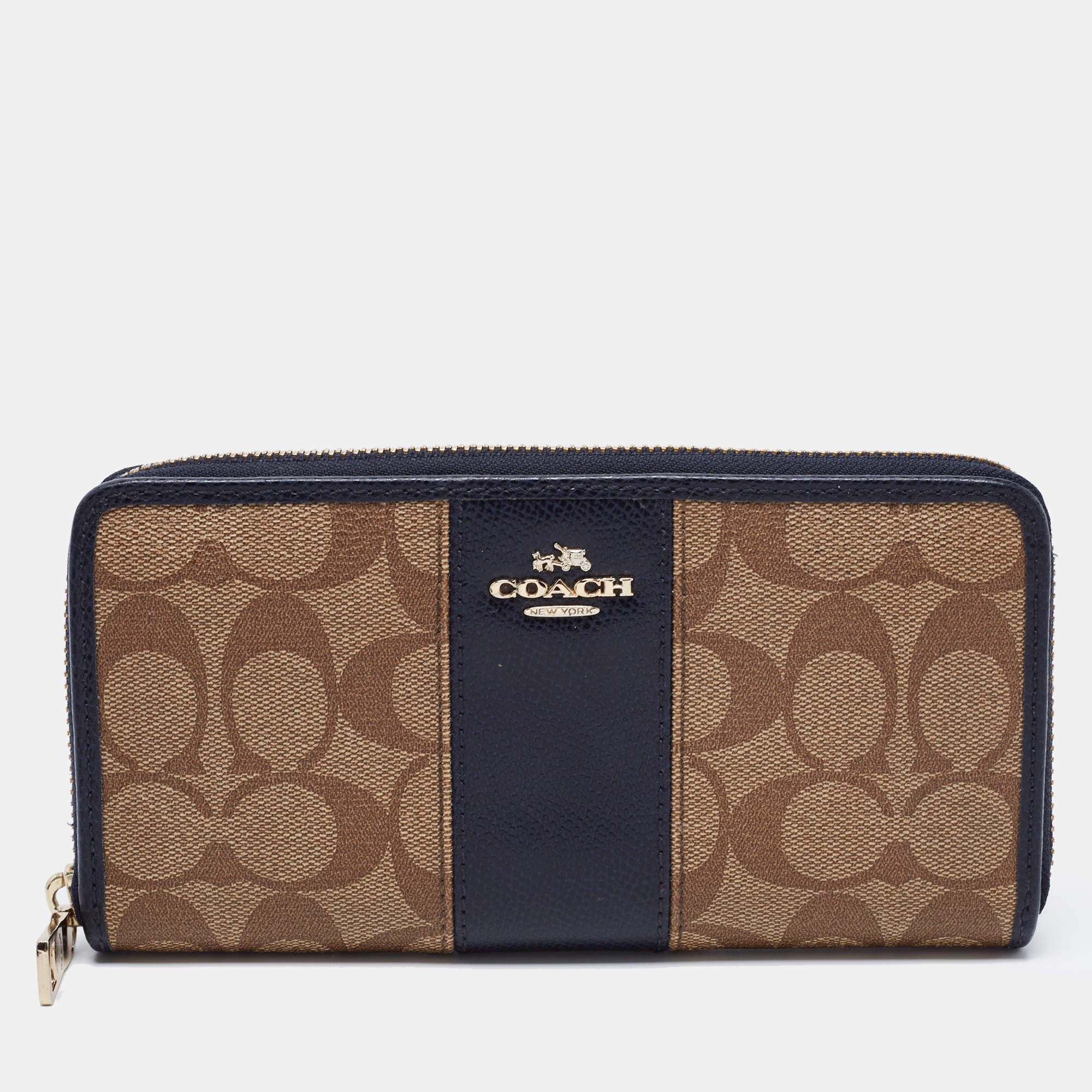 Pre Owned Coach Beige/Blue Signature Coated Canvas and Leather Accordion Zip Around Wallet