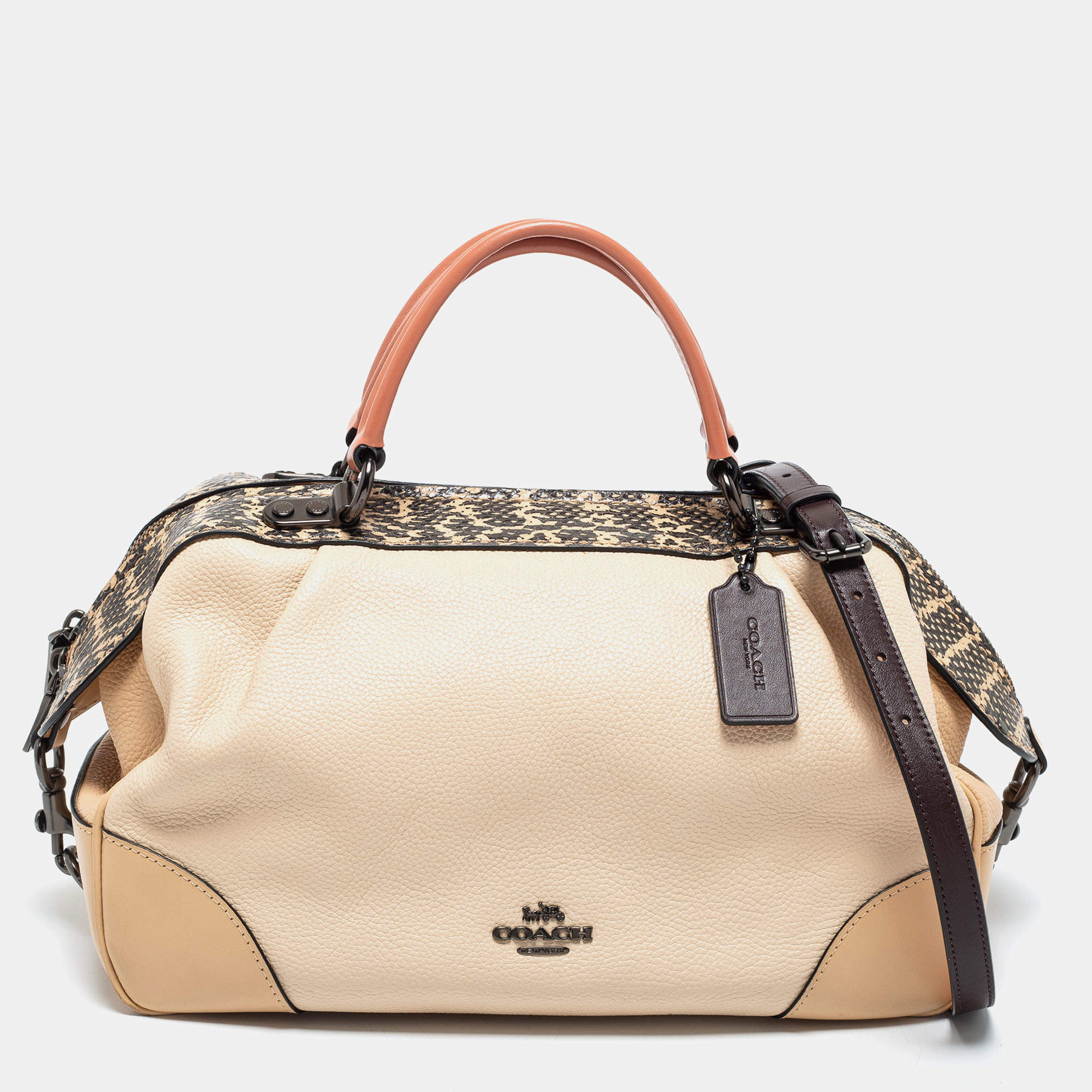 Coach Beige/Cream Snakeskin and Leather Colorblock Satchel 