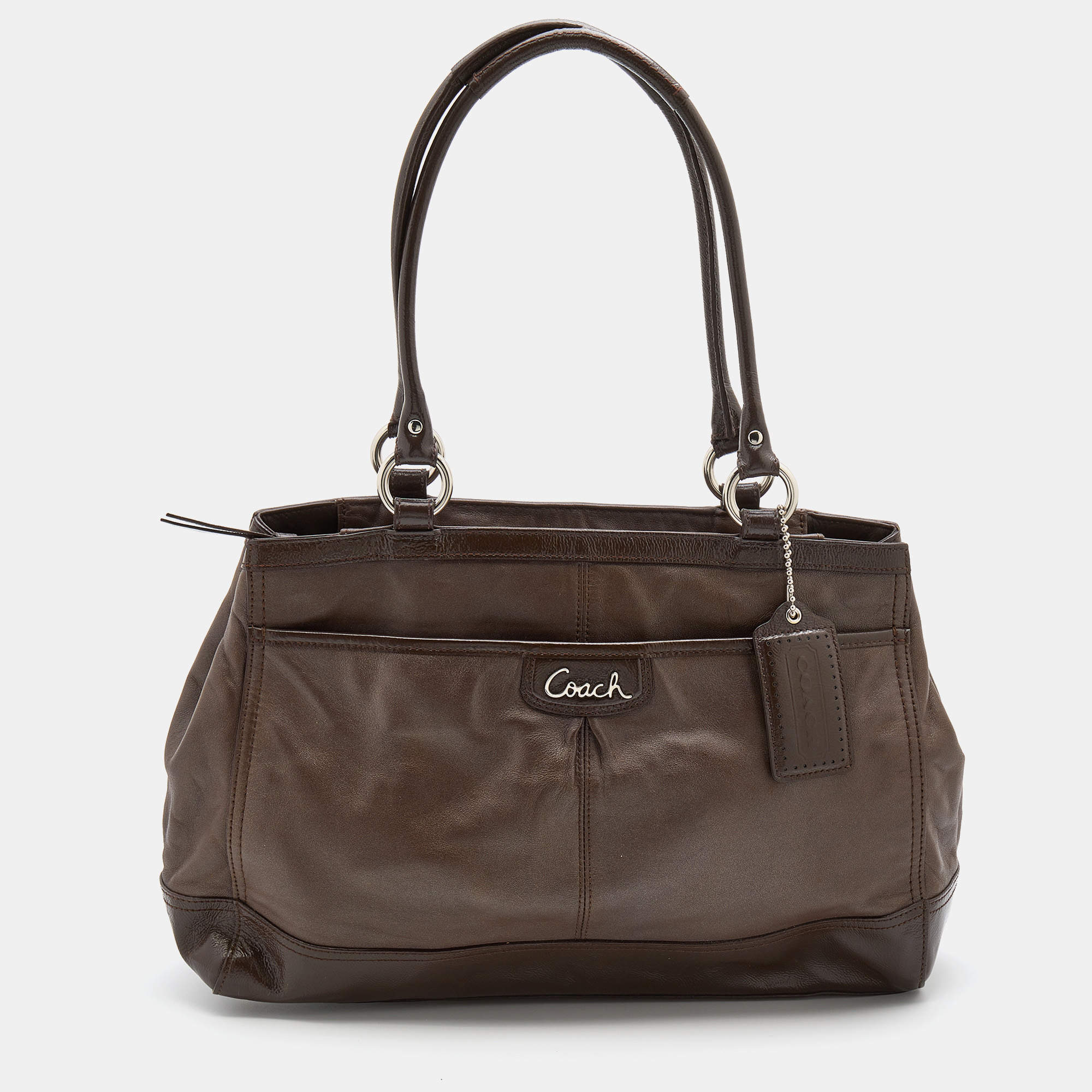 Pre Owned Coach Dark Brown Leather and Patent Tote