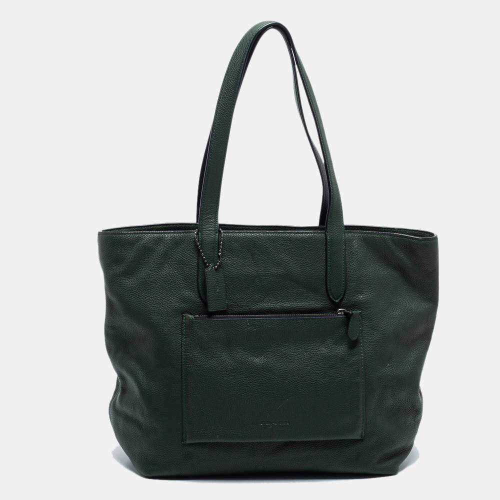 Pre Owned Coach Dark Green Pebbled Leather Front Pocket Tote