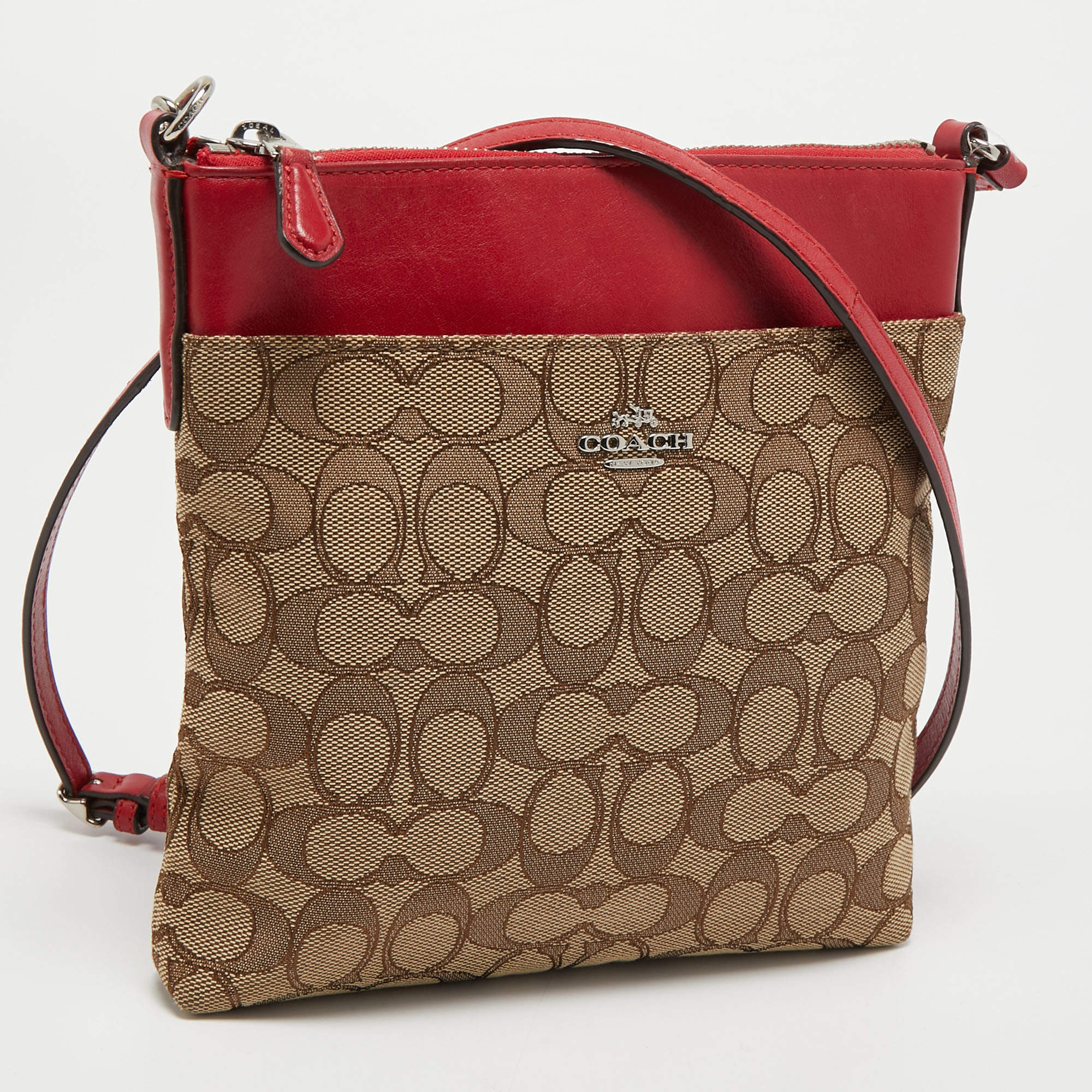 Coach Beige/Red Signature Jacquard and Leather Swingpack Crossbody Bag Coach  | TLC