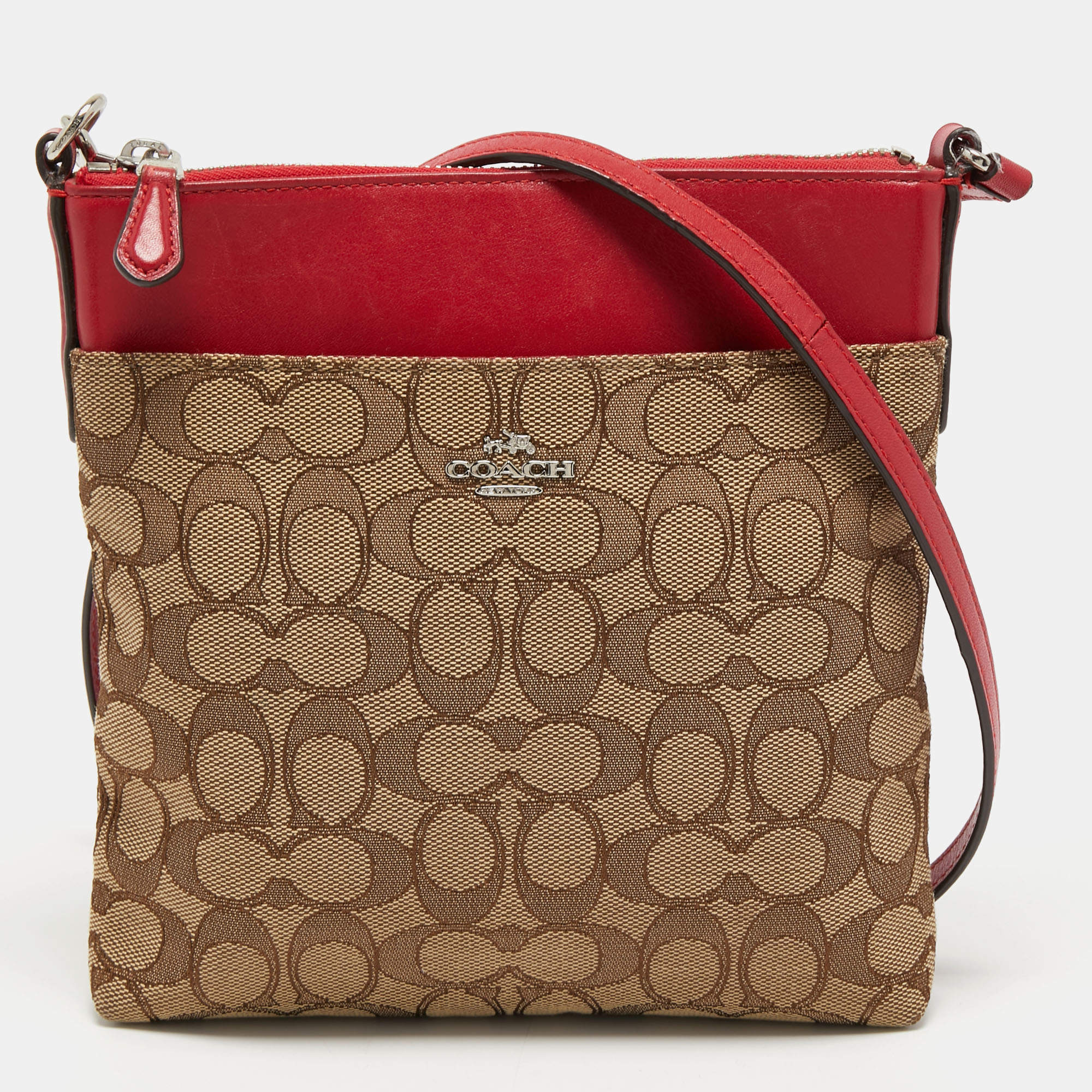 Coach Beige/Red Signature Jacquard and Leather Swingpack