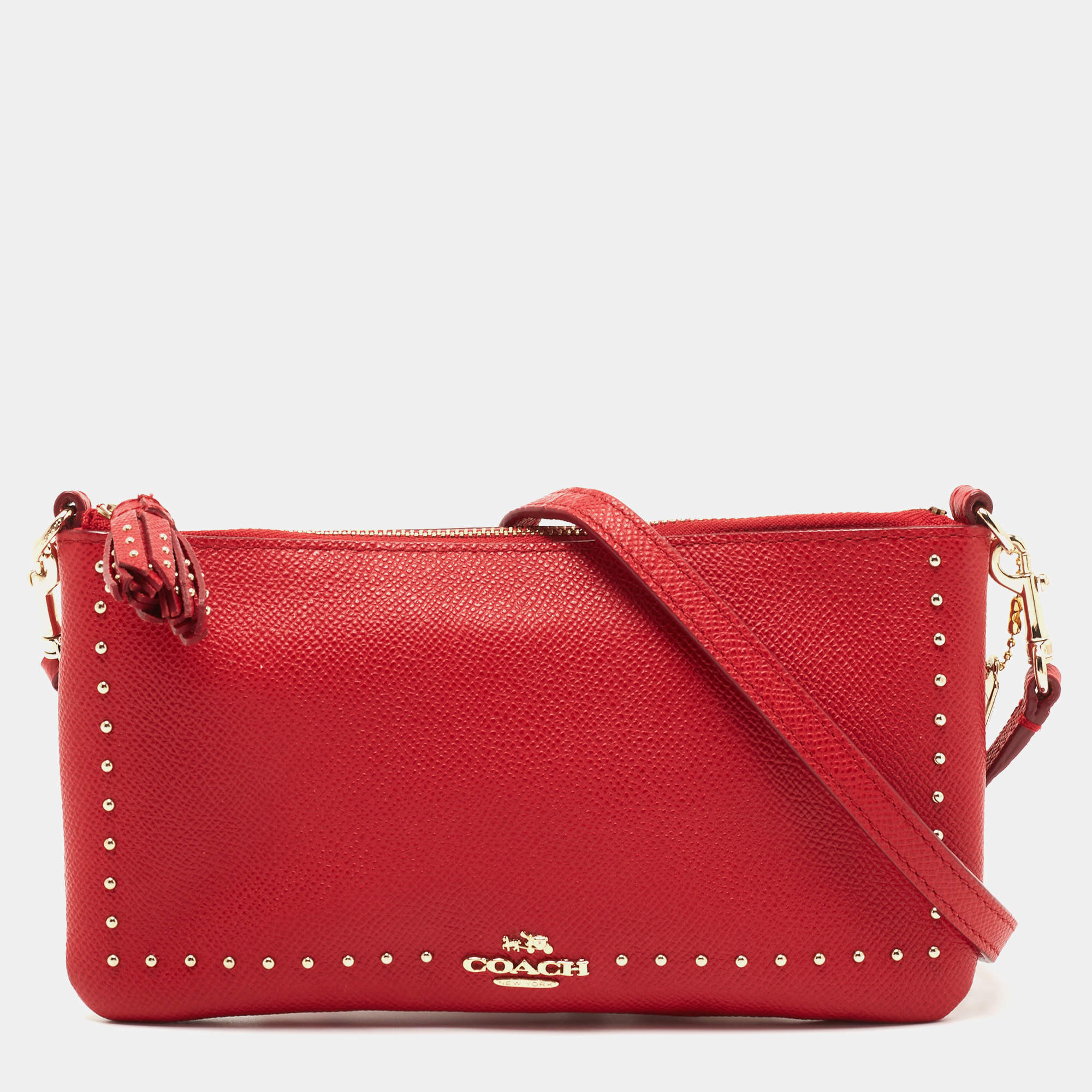 Pre Owned Coach Red Leather Studded Crossbody Bag