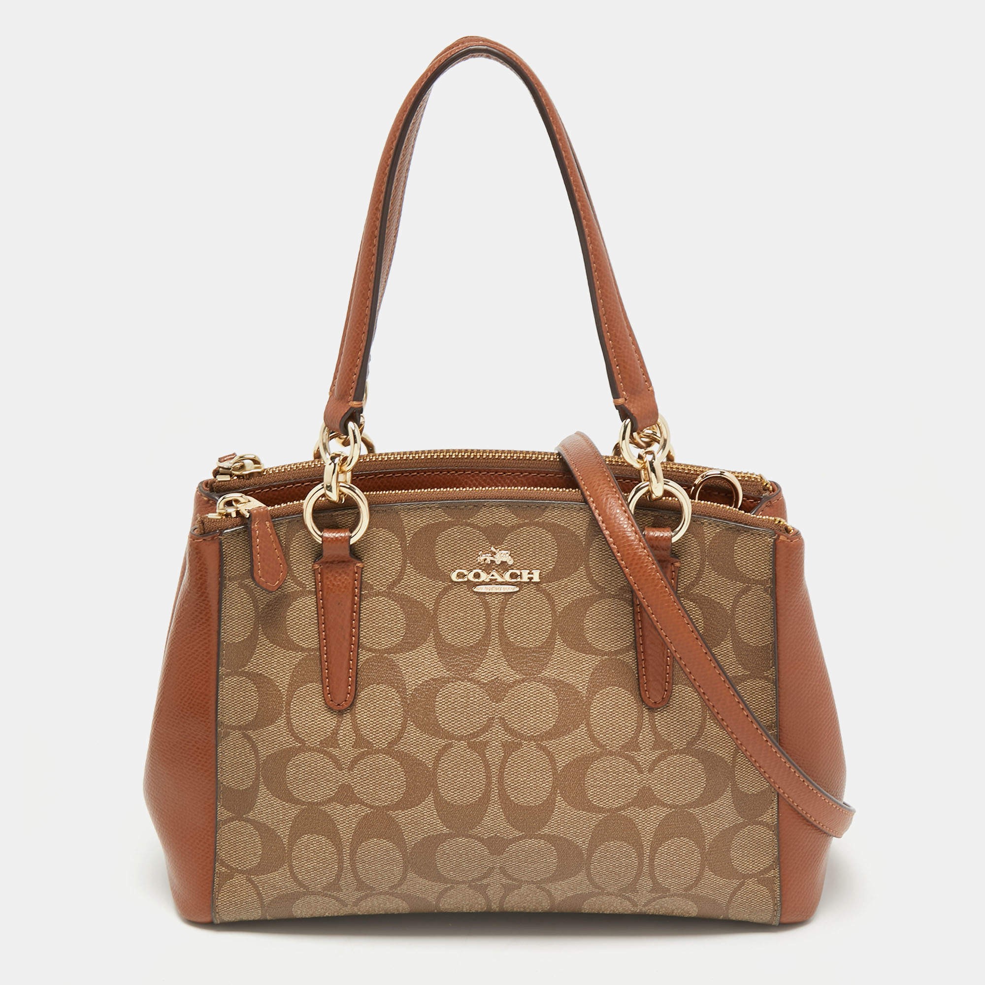 Coach Brown/Beige Signature Coated Canvas And Leather Carryall Boston Bag  Coach