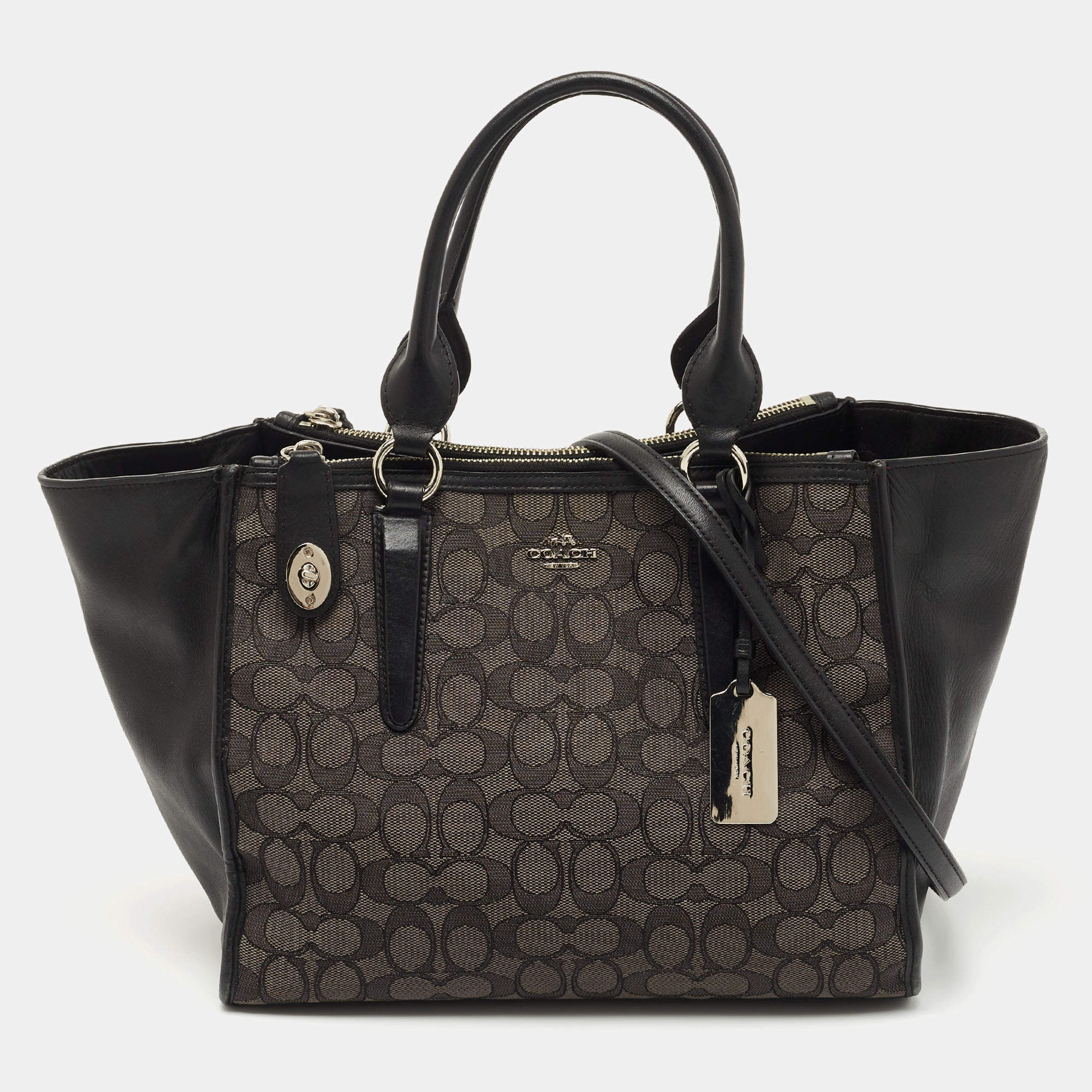 Pre Owned Coach Black/Grey Signature Canvas and Leather Crosby Carryall Tote