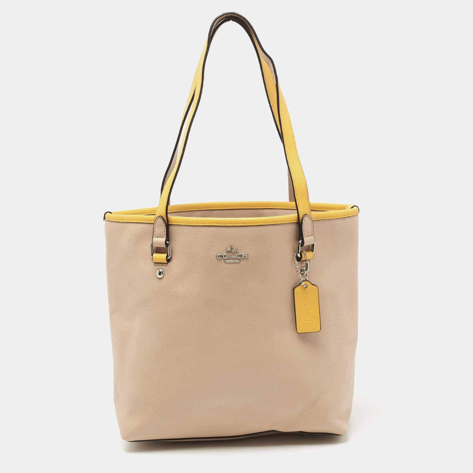 Coach Beige/Mustard Leather Top Zip Tote Coach