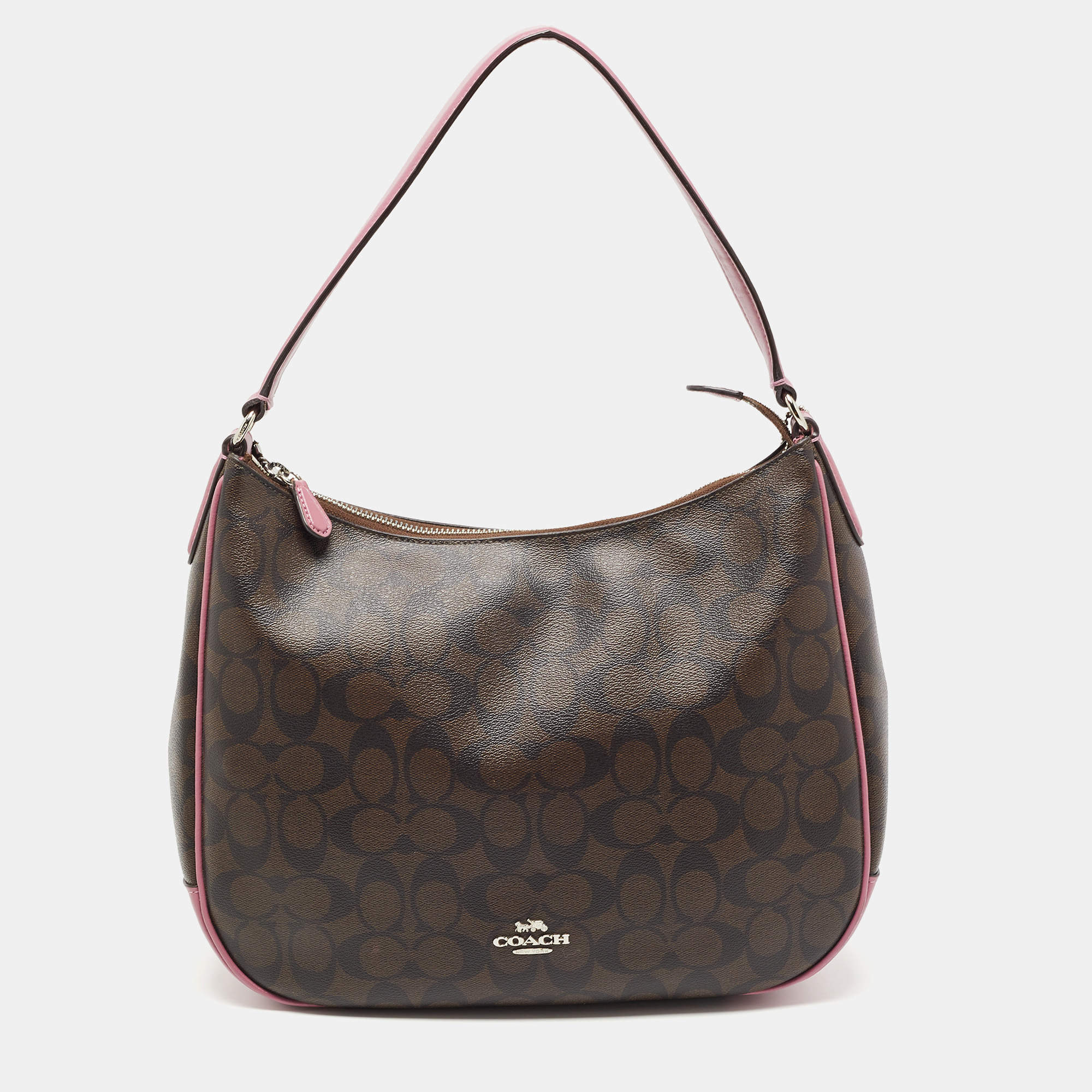 Pre Owned Coach Pink/Brown Signature Coated Canvas and Leather Zip Hobo