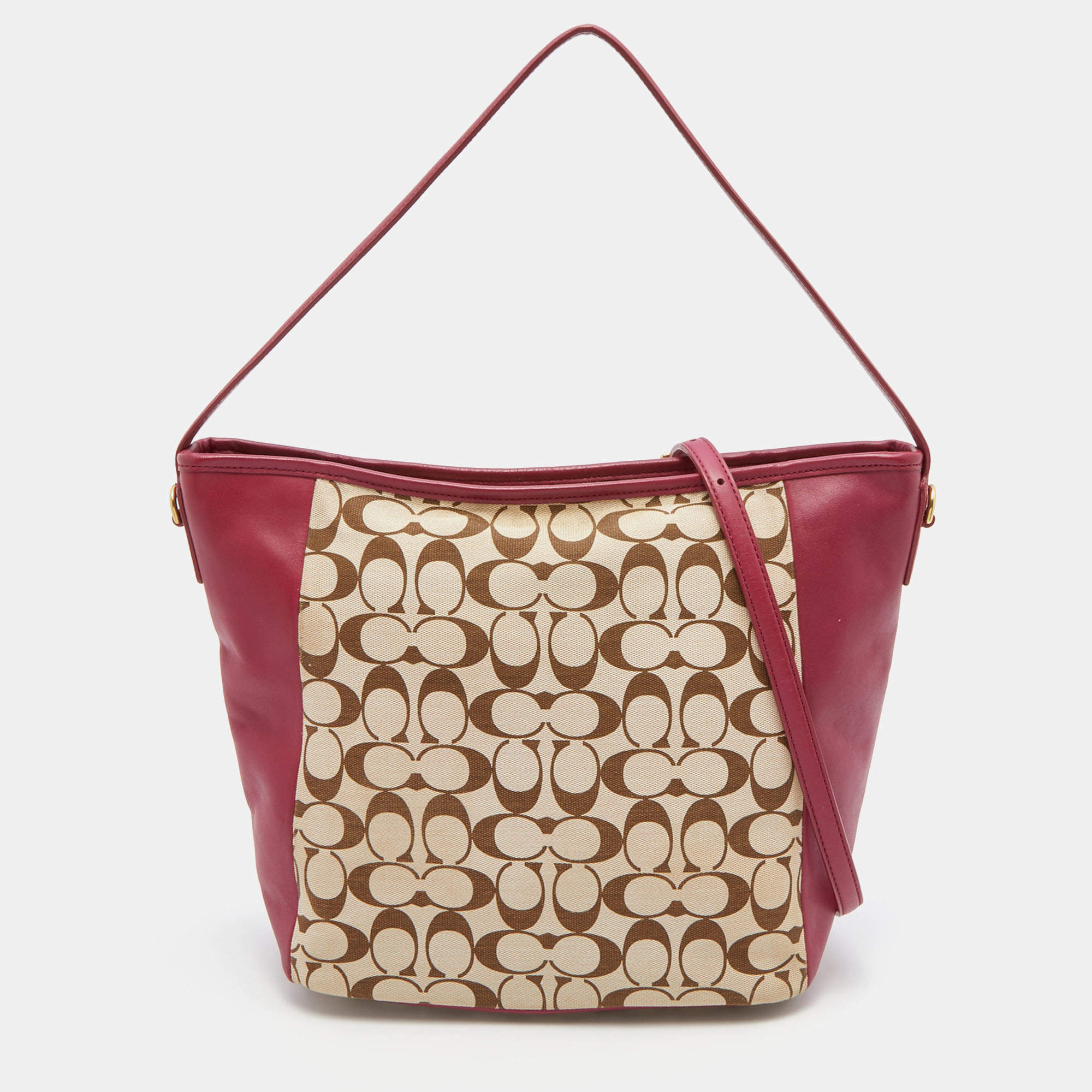 Coach Beige/Maroon Leather and Signature Canvas Shoulder Bag Coach | TLC