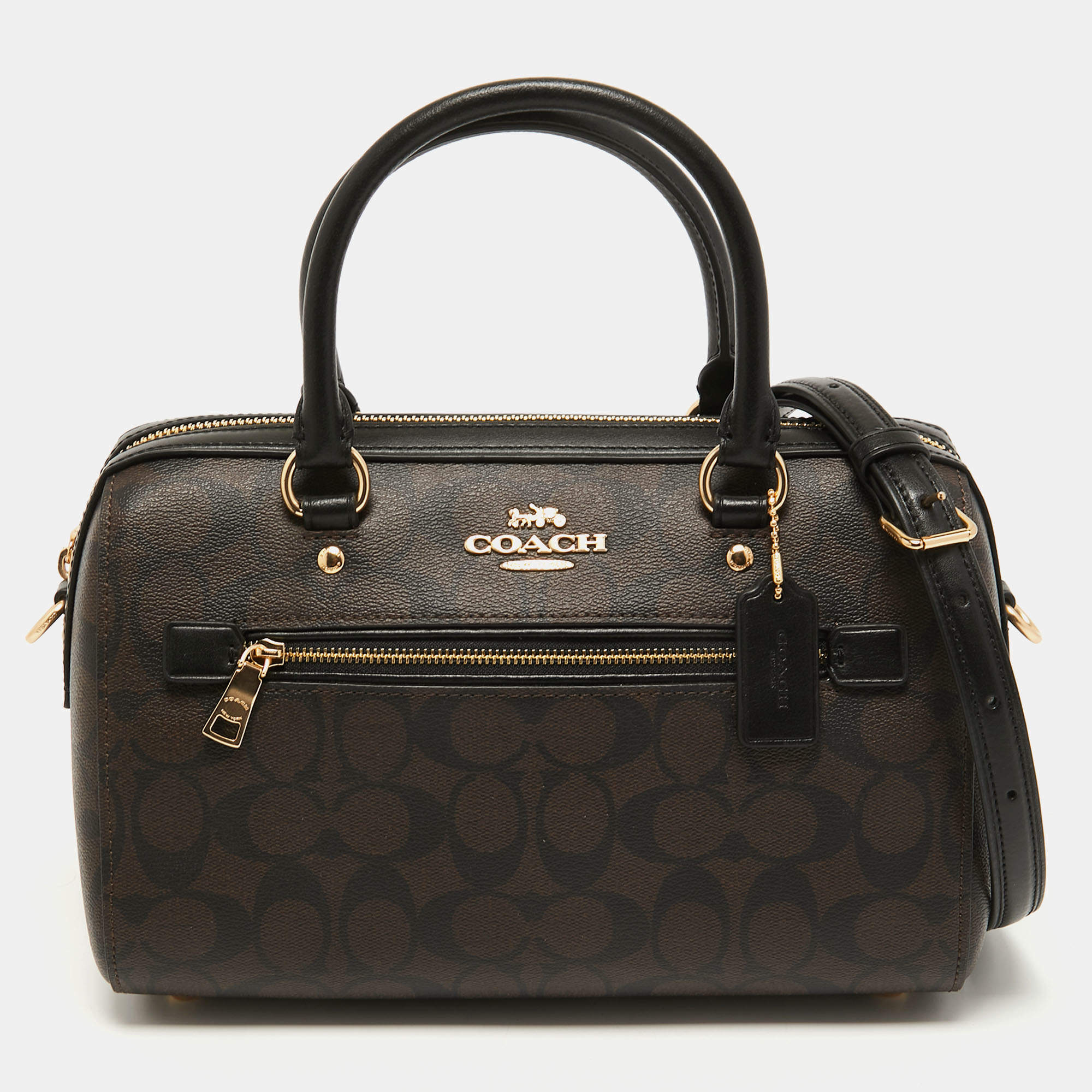 Pre Owned Coach Black/Beige Signature Coated Canvas and Leather Rowan Boston Bag