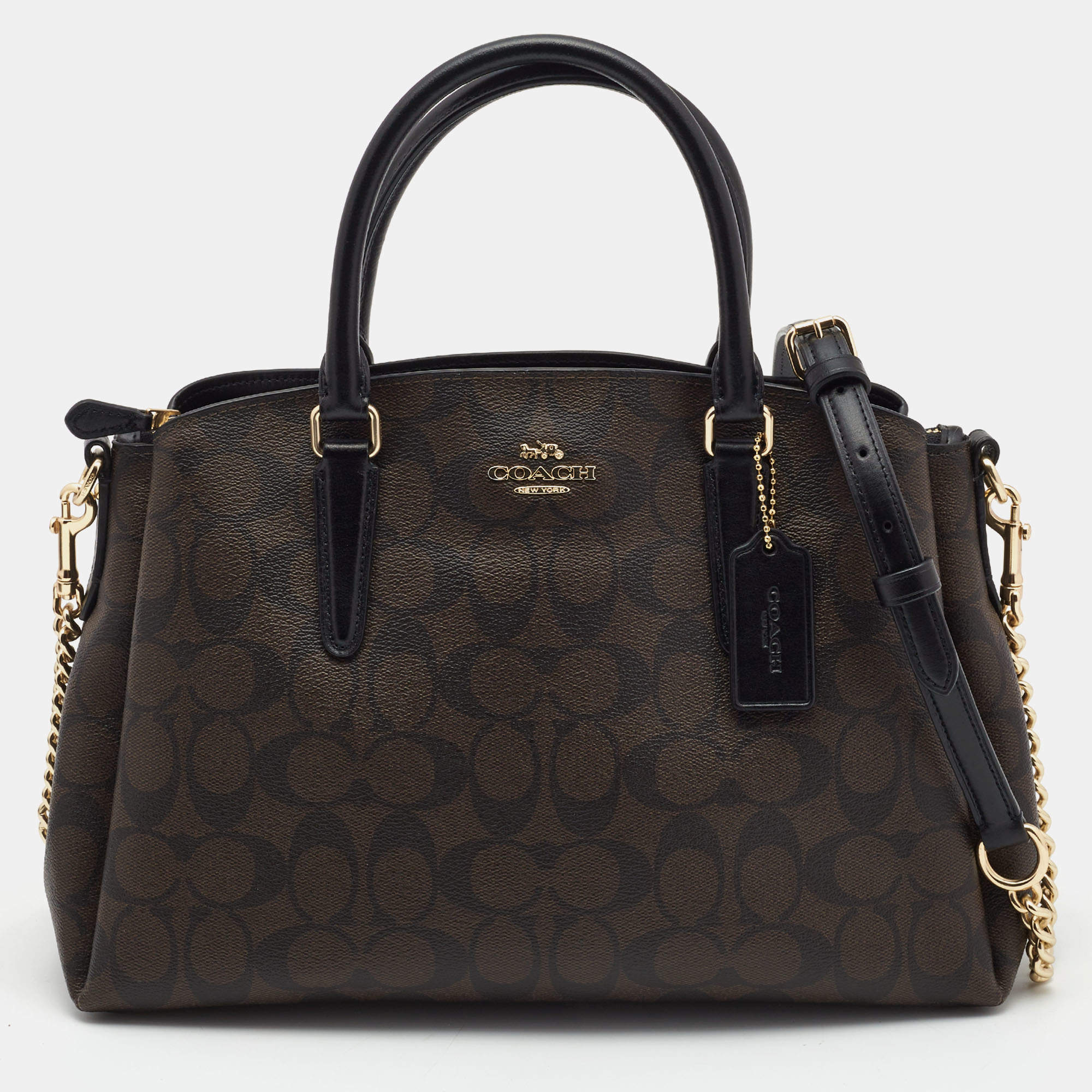 Coach Brown/Black Signature Coated Canvas Sage Carryall Satchel