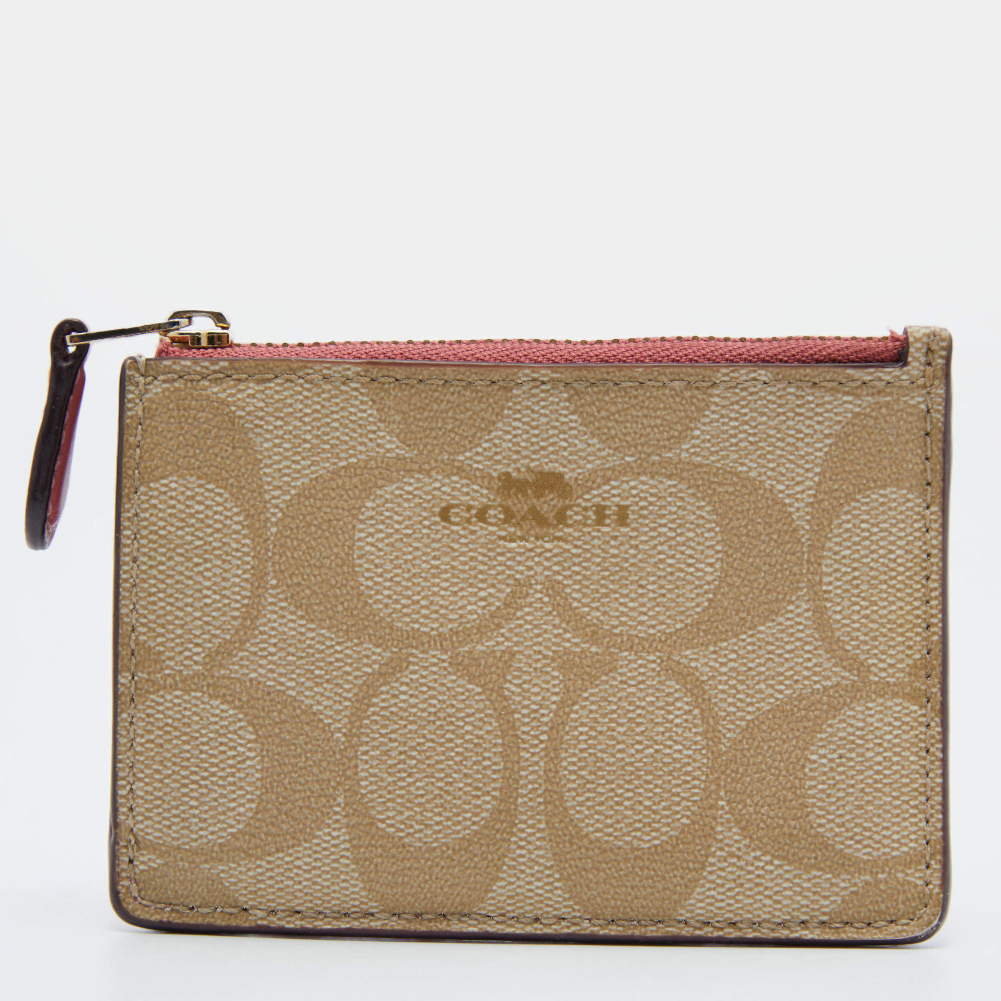 Coach Beige/Pink Signature Coated Canvas and Leather Zip Card Holder Coach