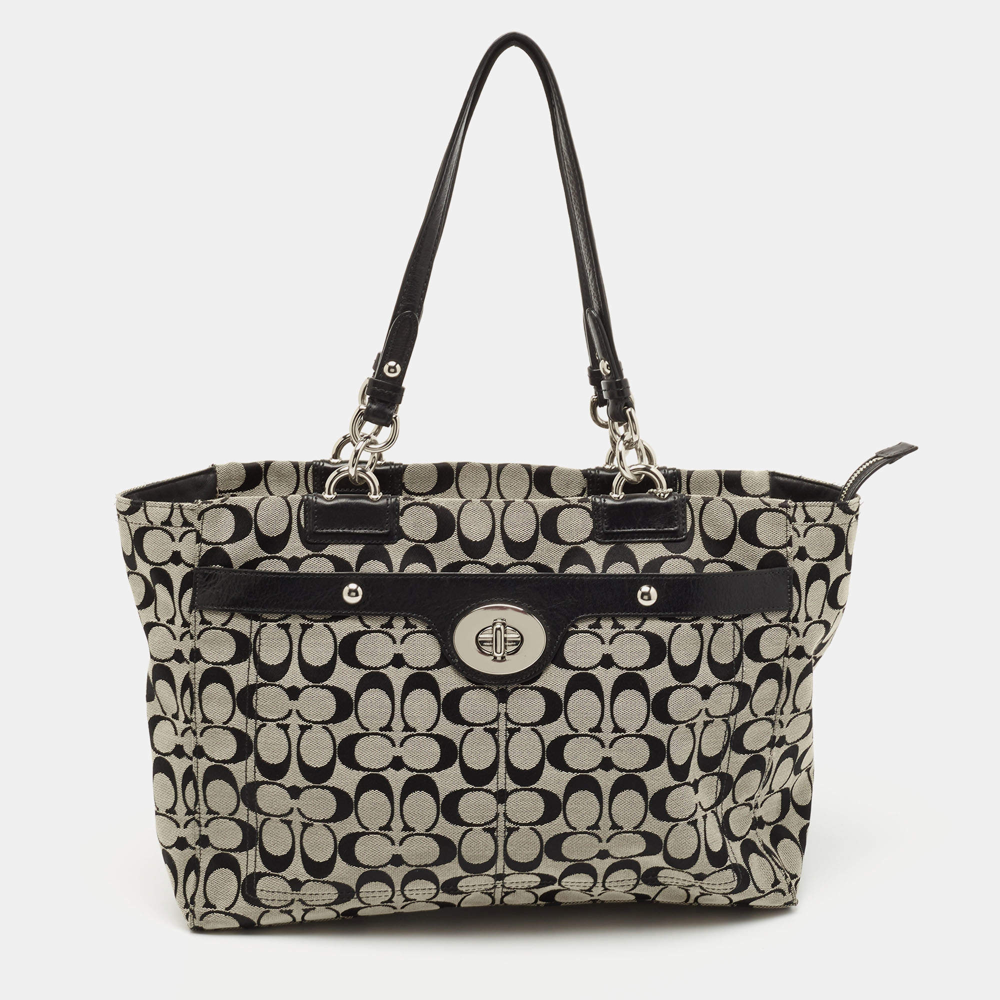 Pre Owned Coach Black/Grey Signature Canvas and Leather Penelope Tote