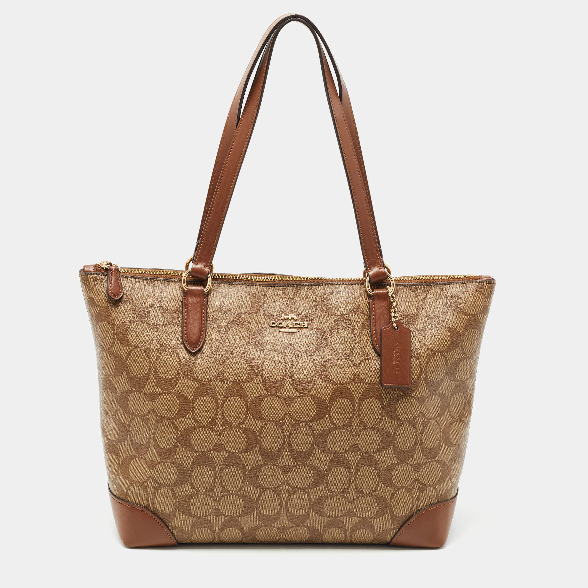 مملوكة مسبقًا Coach Brown Signature Coated Canvas and Leather Top Zip Tote