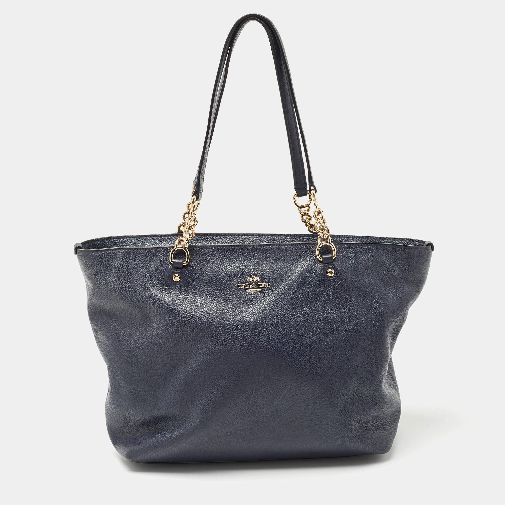 Pre Owned Coach Navy Blue Leather Sophia Chain Tote
