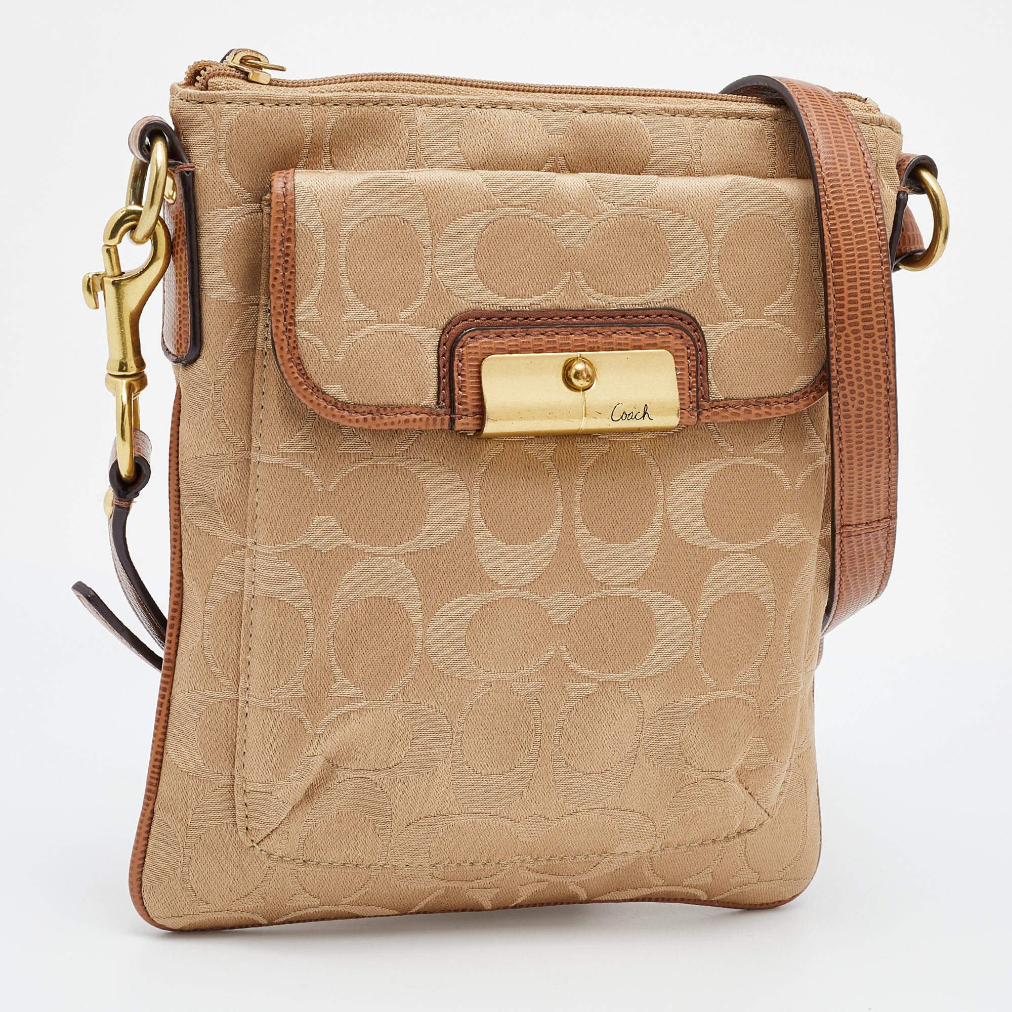Coach Beige/Brown Signature Canvas and Leather Courie Crossbody Bag Coach