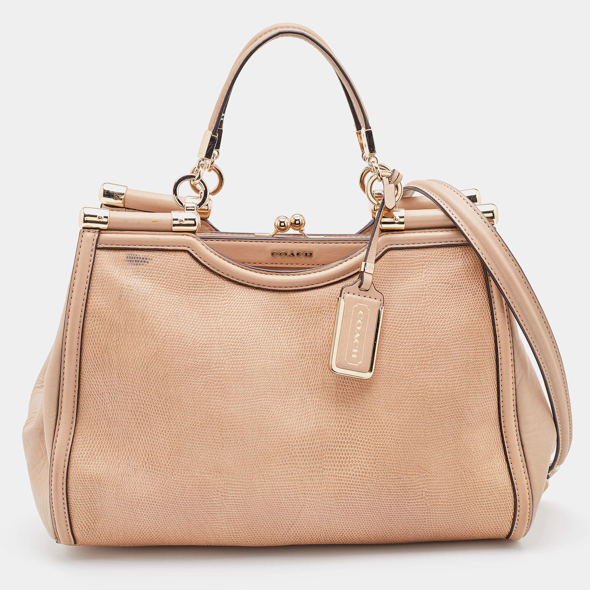 Pre Owned Coach Beige Lizard Embossed Leather Madison Pinnacle Carrie Satchel