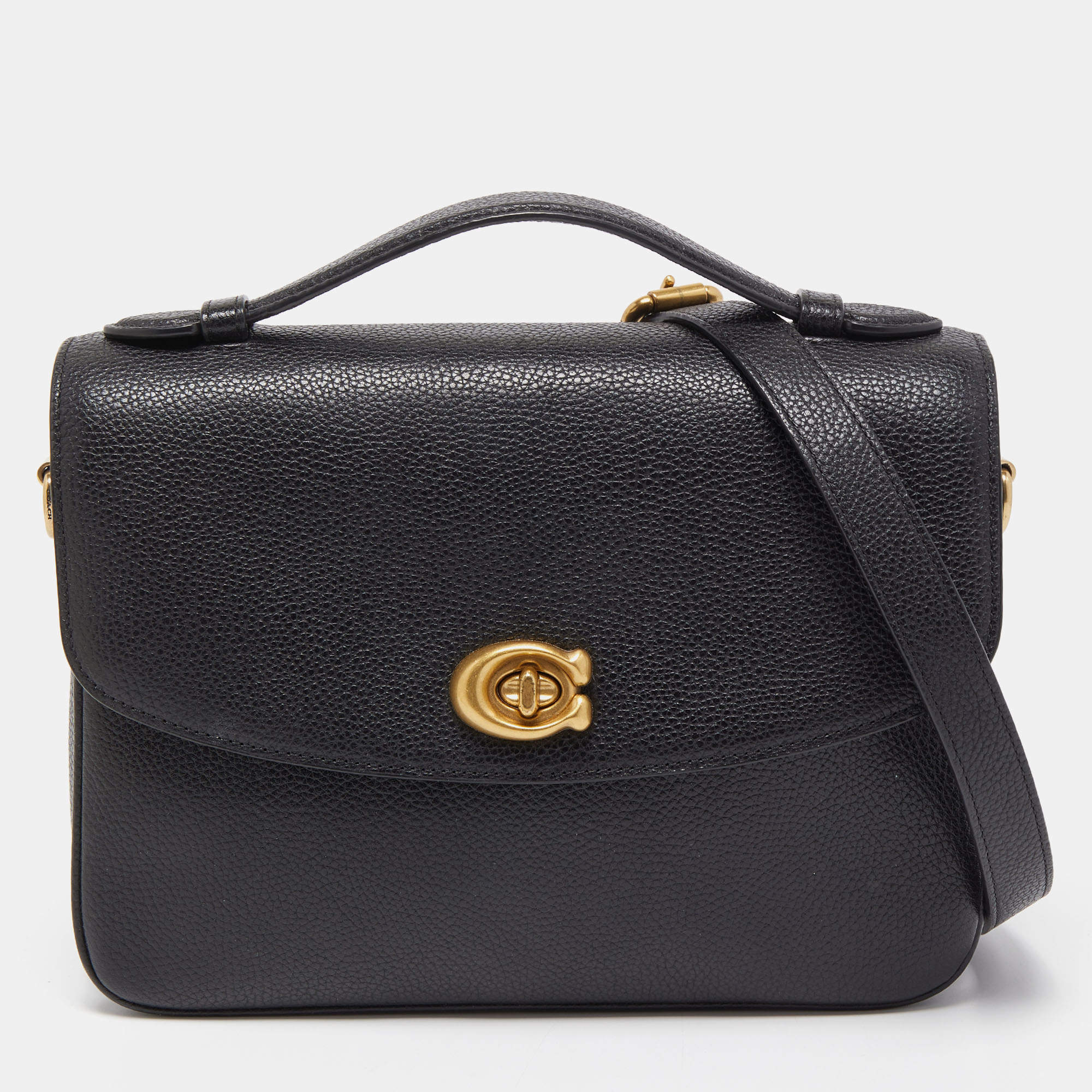 Pre Owned Coach Black Grained Leather Cassie Top Handle Bag