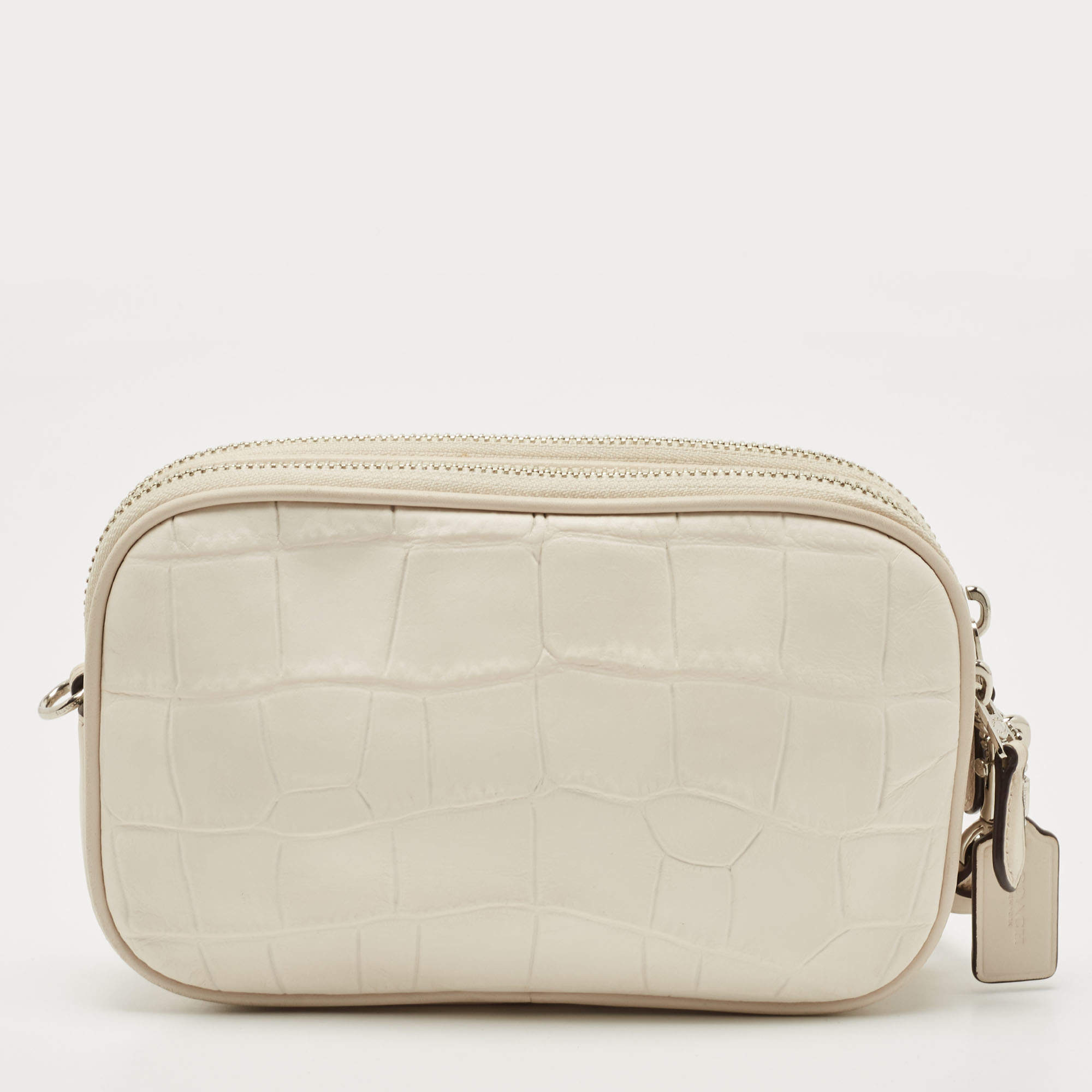 Coach White Croc Embossed Leather Double Zip Camera Crossbody Bag