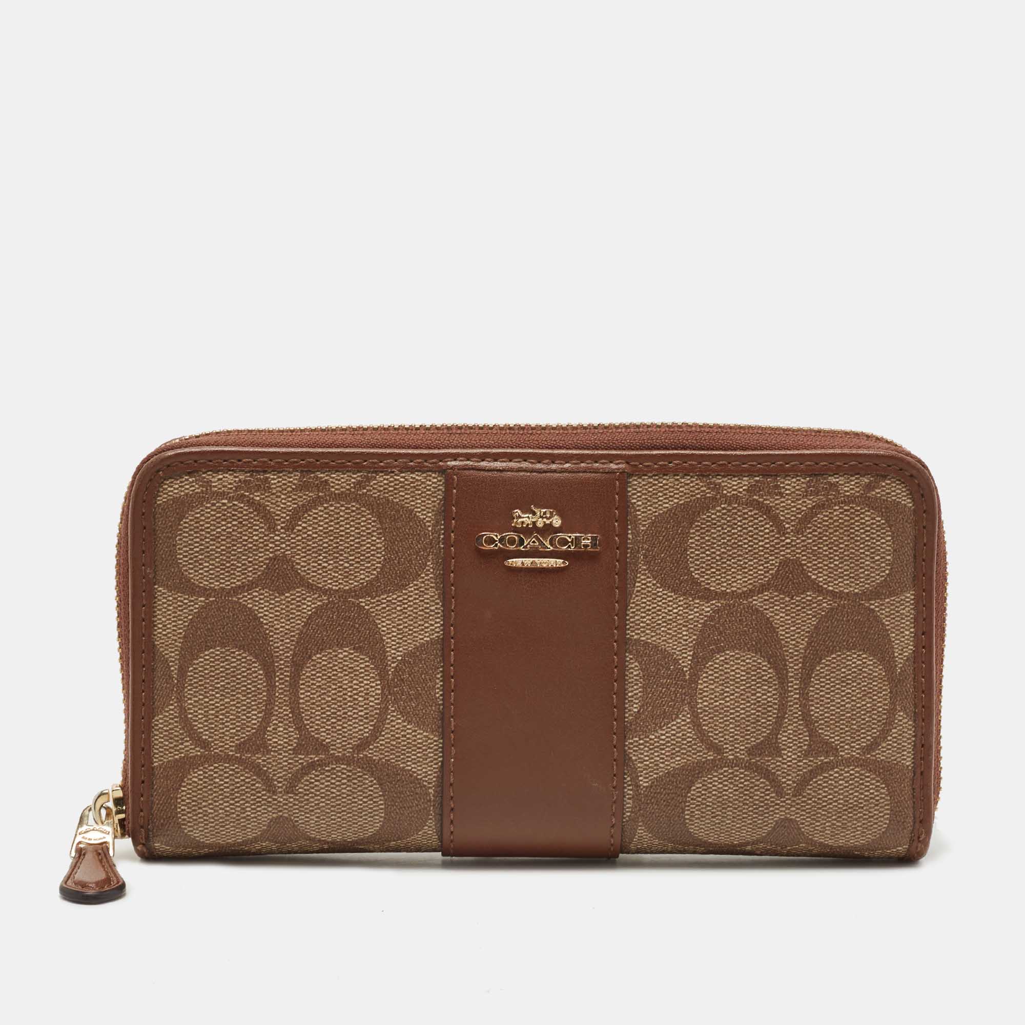 Coach Brown Signature Coated Canvas and Leather Accordion Continental Wallet