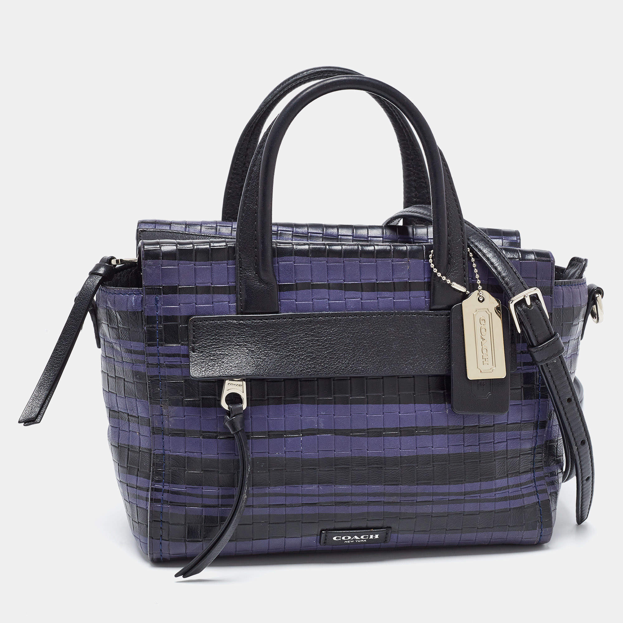 Pre Owned Coach Black/Blue Woven Leather Bleecker Riley Tote