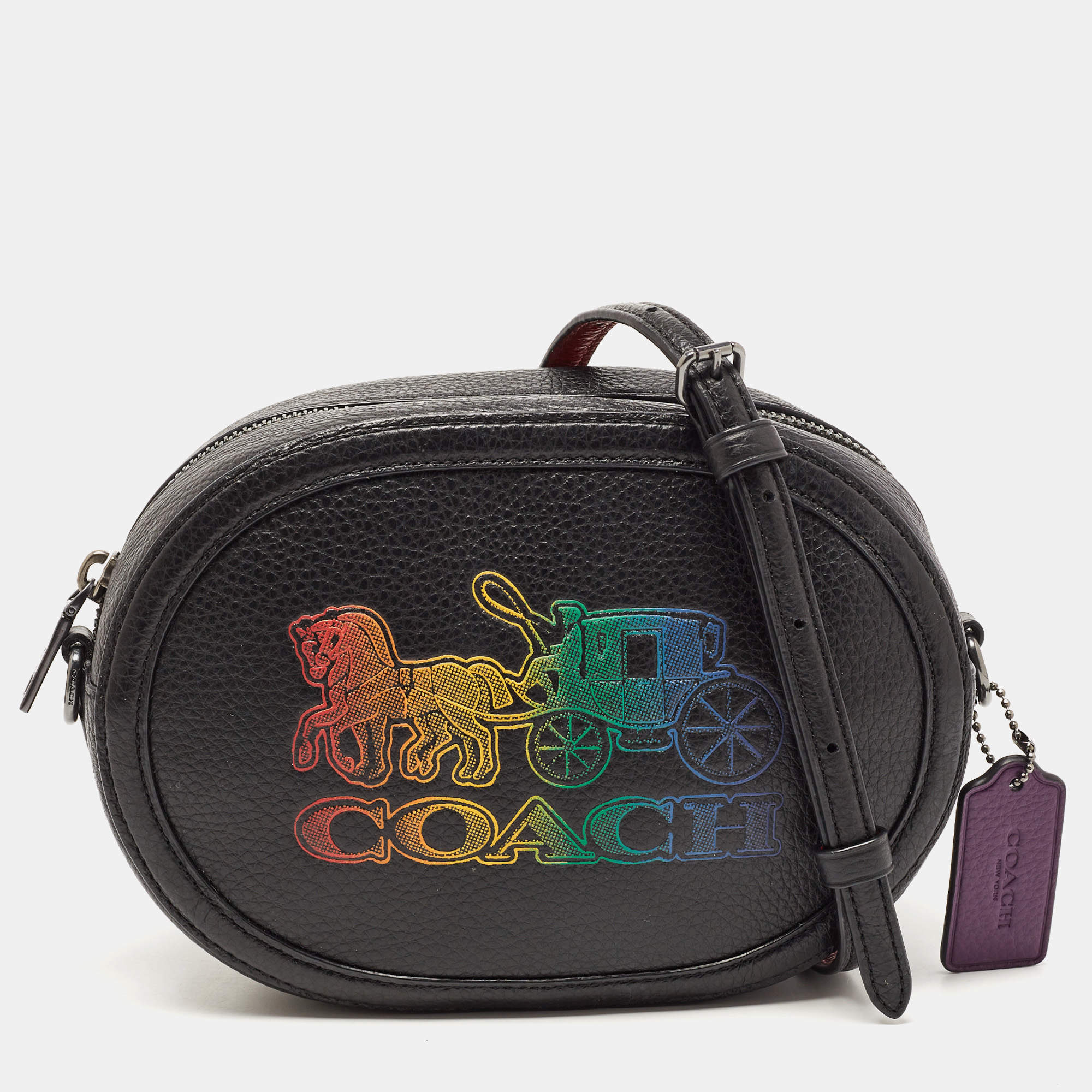 Pre Owned Coach Black Leather Horse And Carriage Camera Crossbody Bag