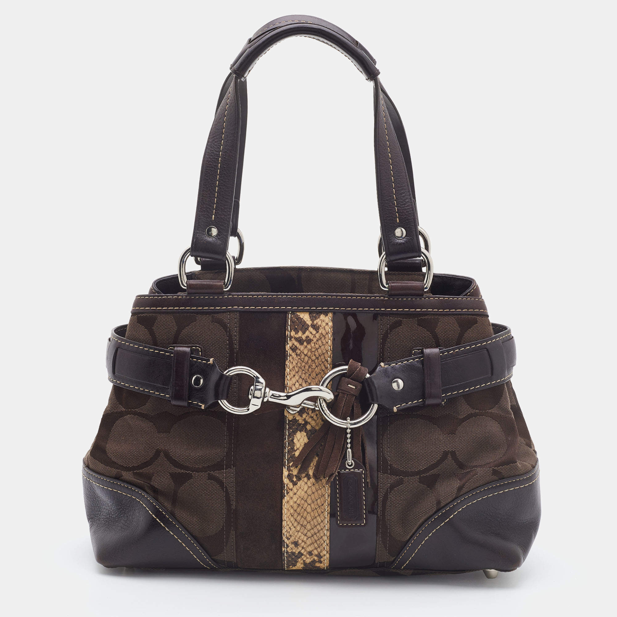 Pre Owned Coach Dark Brown/Beige Signature Canvas and Leather Hampton Tote