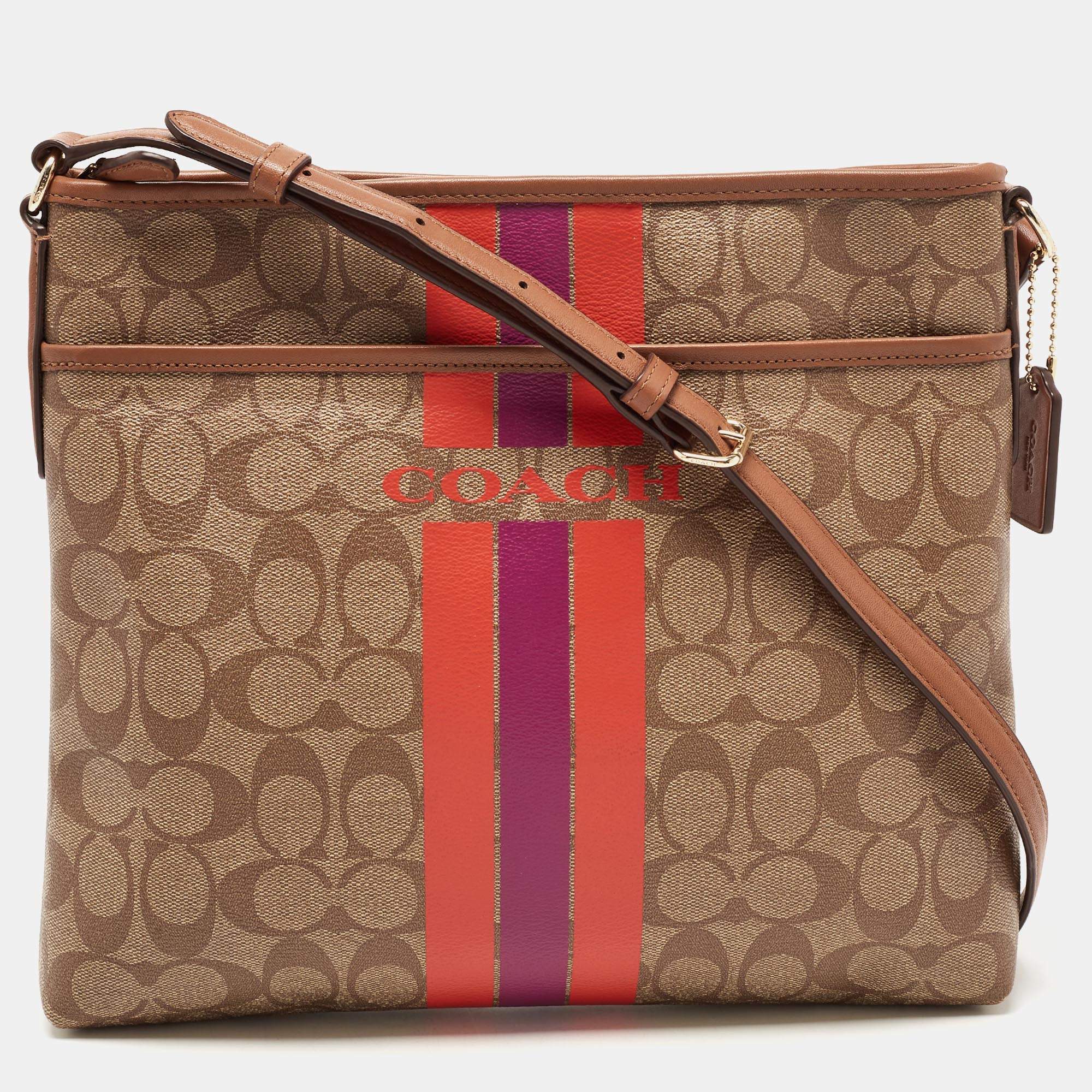 Coach Brown Signature Coated Canvas Varsity Stripe File Messenger Bag