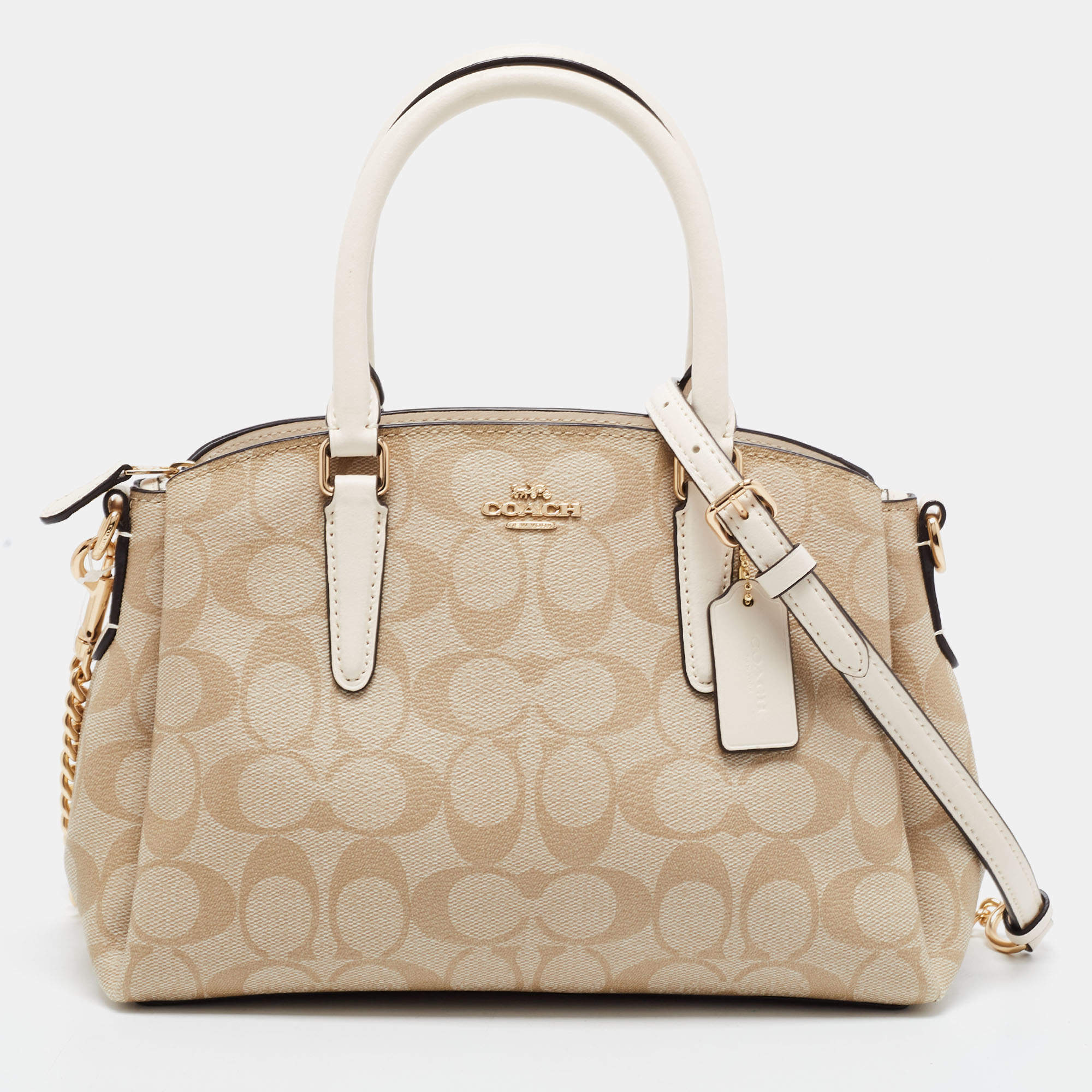 Pre Owned Coach Off White/Beige Signature Coated Canvas and Leather Mini Christie Carryall Satchel