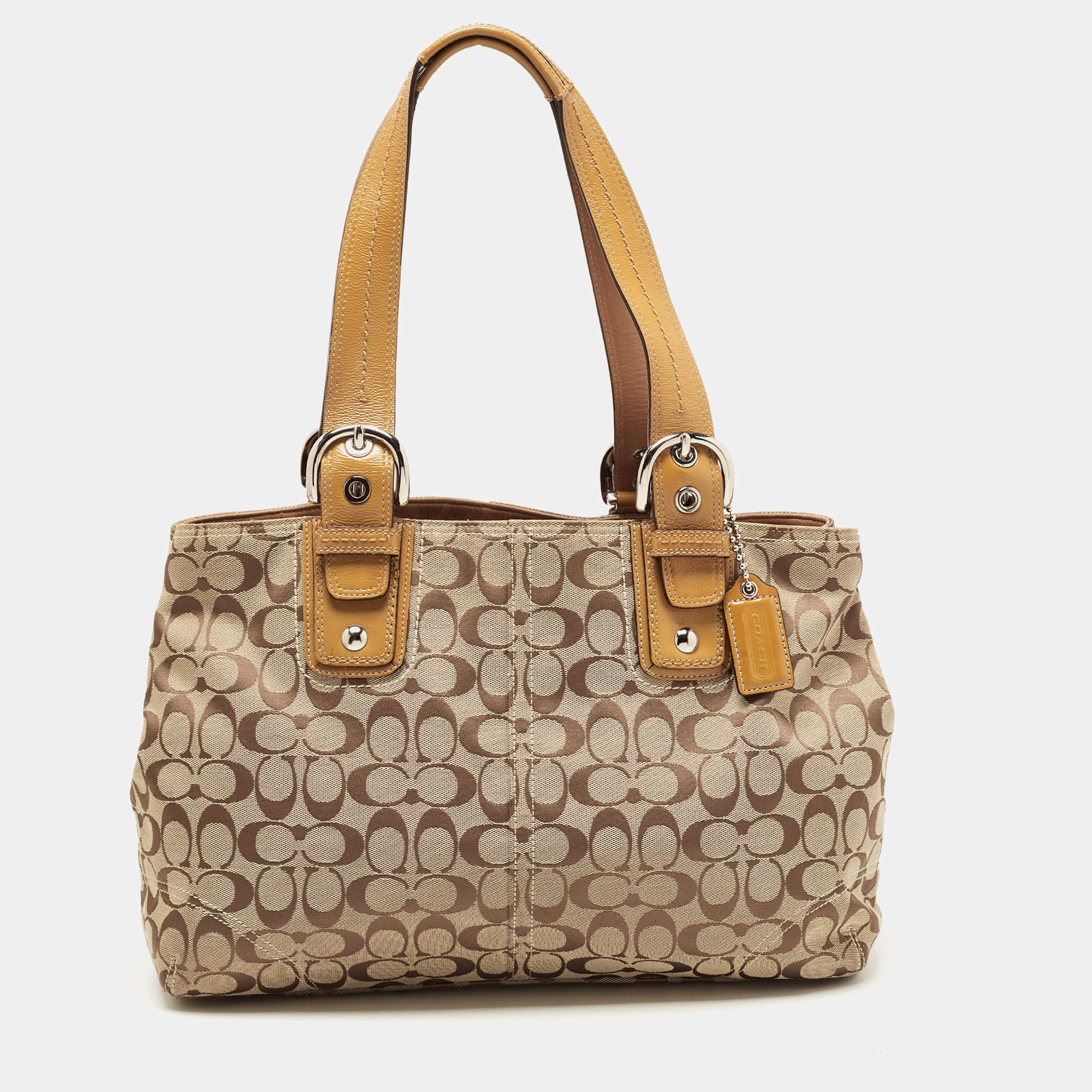 Coach Tan/Beige Canvas and Patent Leather Buckle Handle Tote