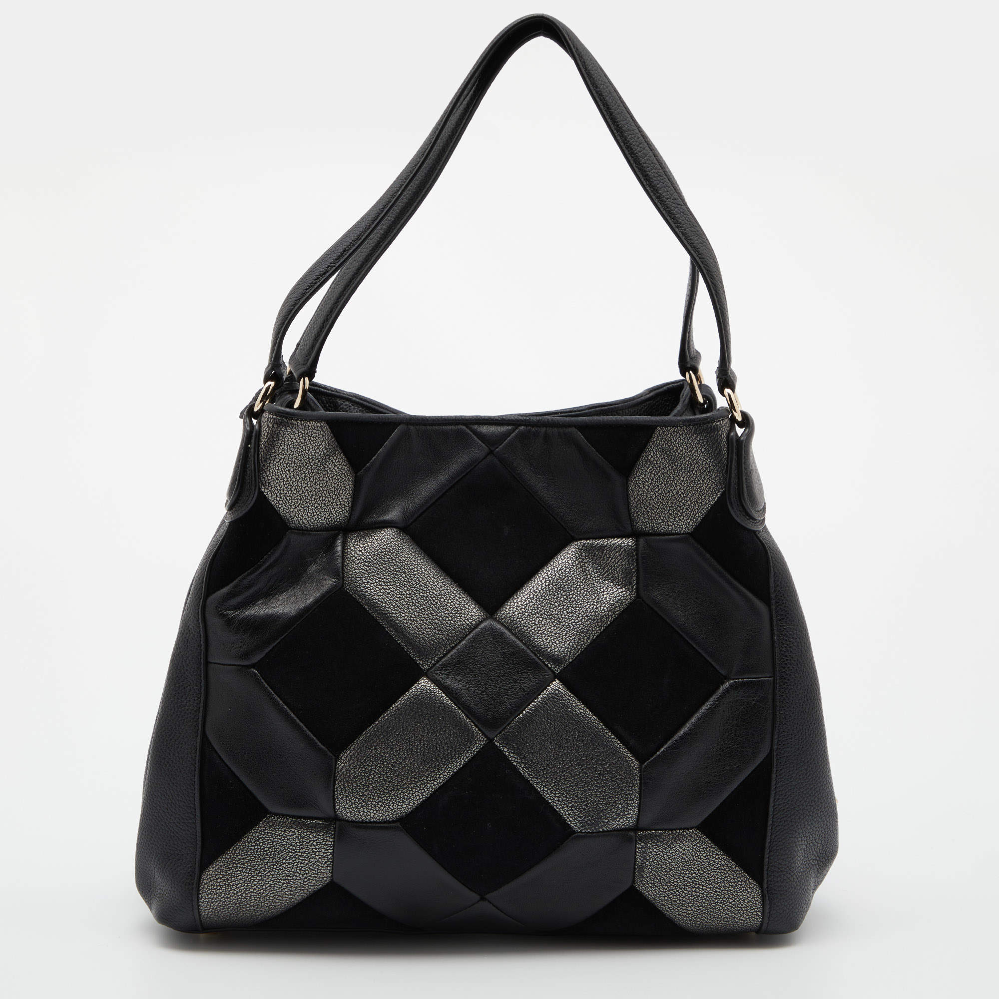 Coach Blck Grey Leather and Suede Patchwork Edie Shoulder Bag