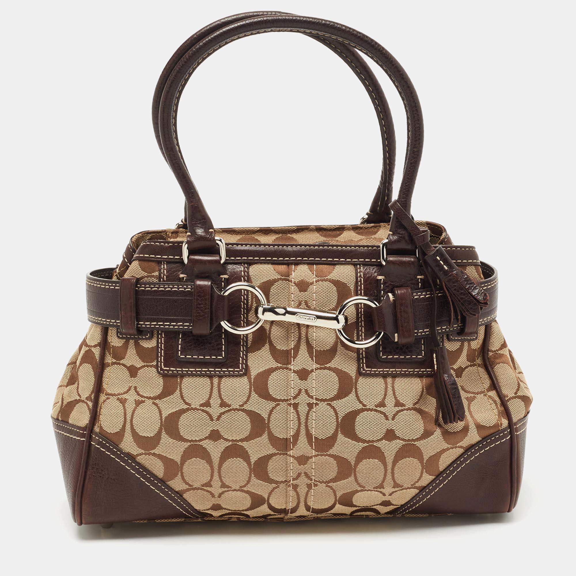 مملوكة مسبقًا Coach Ebony/Beige Signature Canvas and Leather Tassel Satchel