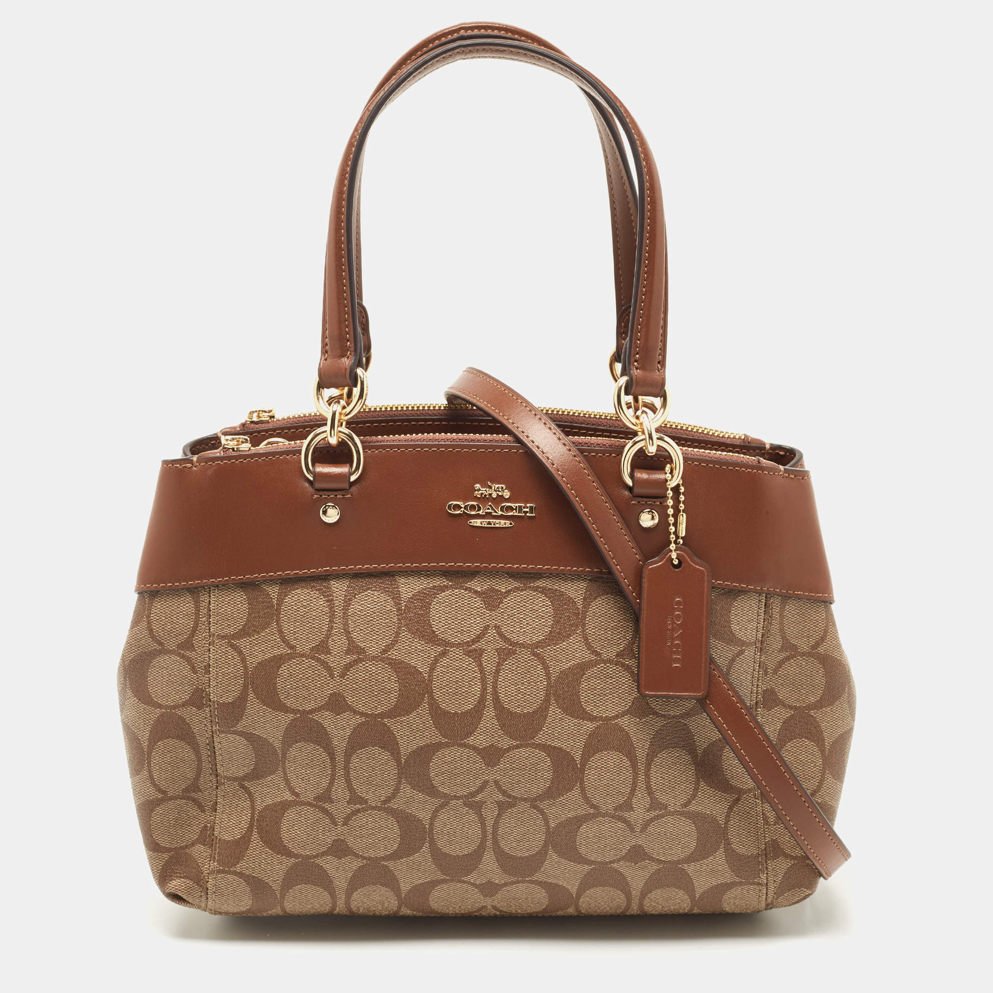 Pre Owned Coach Brown/Beige Signature Coated Canvas and Leather Mini Brooke Carryall Satchel