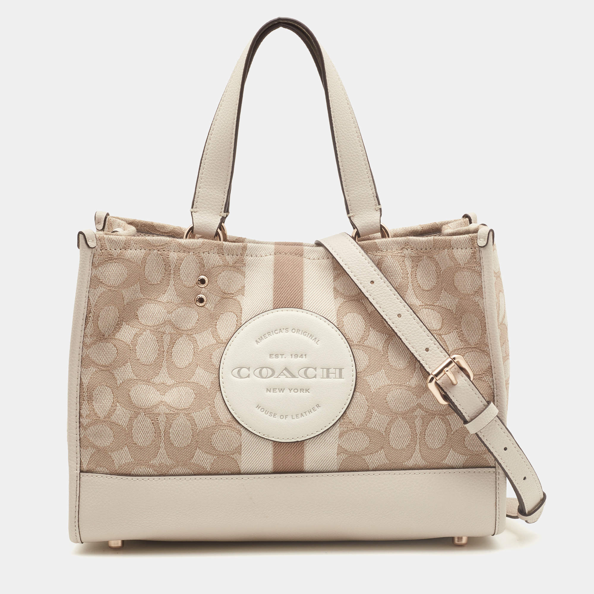 Pre Owned Coach Beige Leather and Canvas Dempsey Carryall Tote