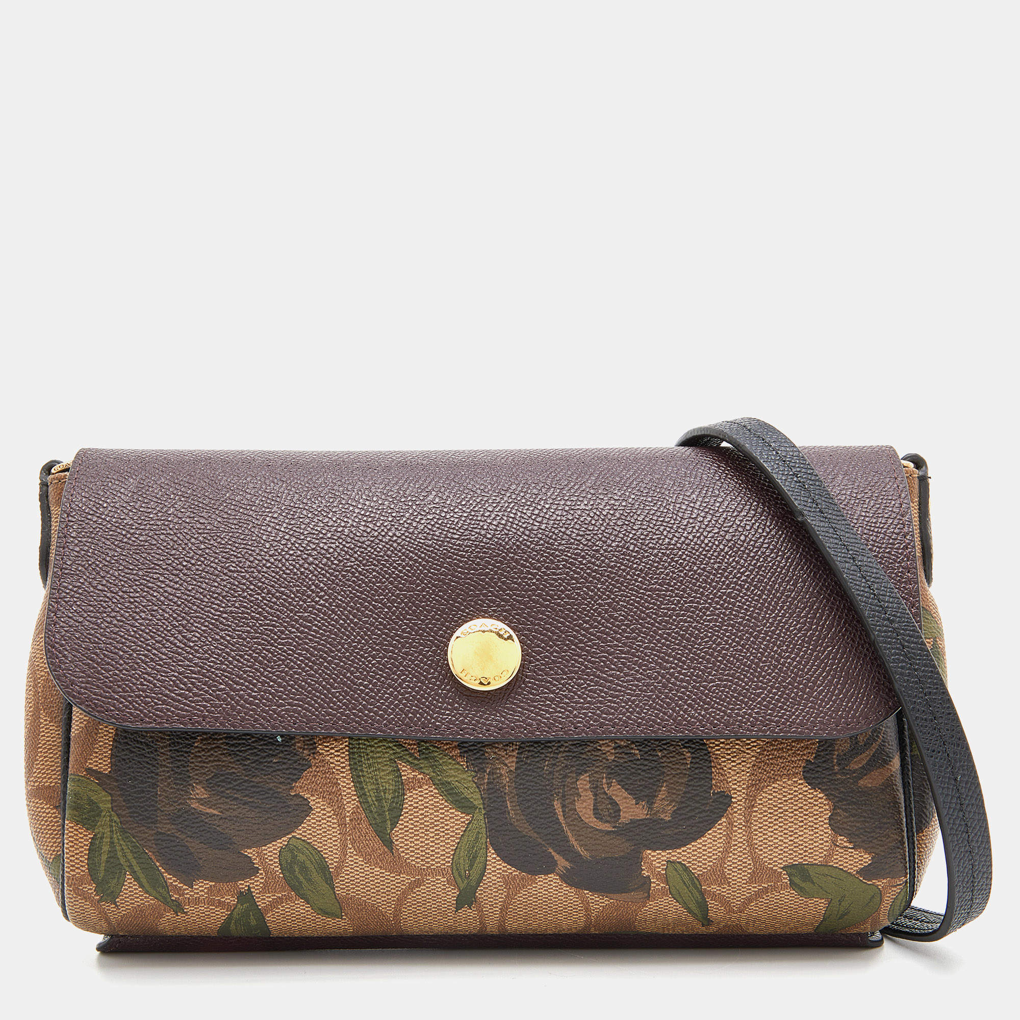 Coach Black/Beige Signature Rose Print Coated Canvas and Leather Reversible  Flap Crossbody Bag Coach