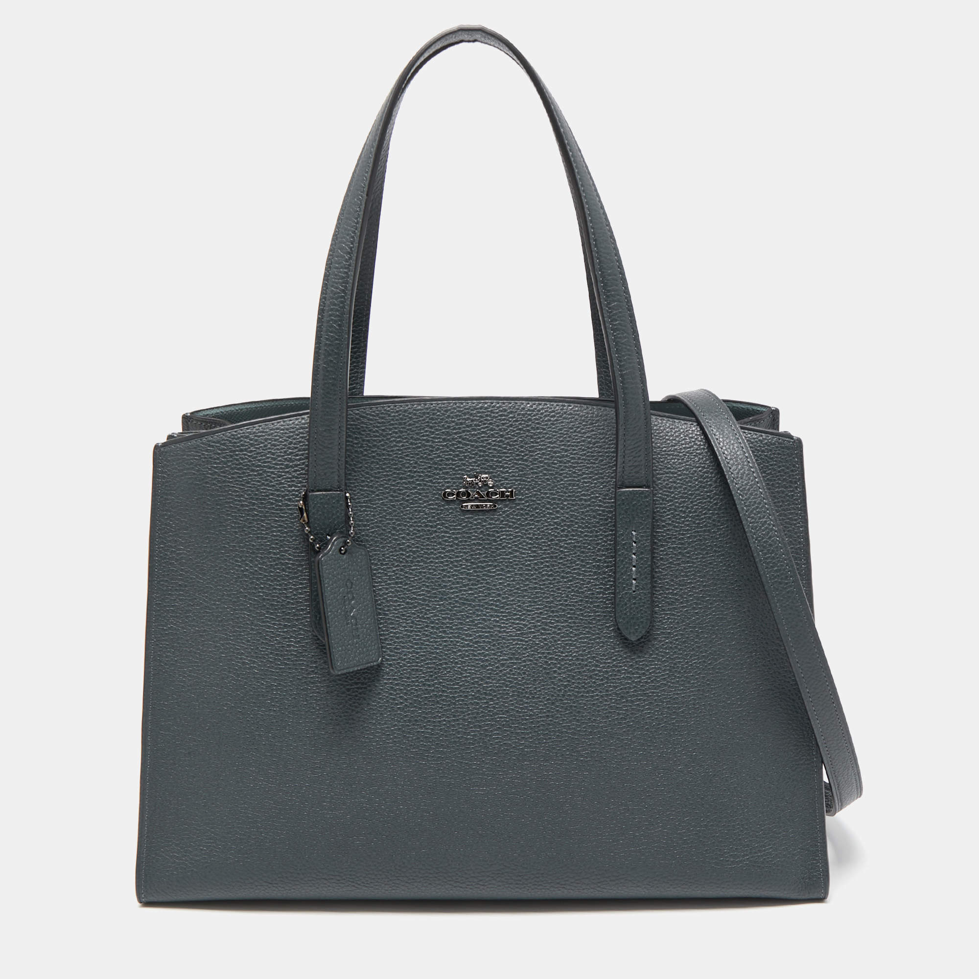 Pre Owned Coach Dark Teal Grained Leather Charlie Carryall Satchel