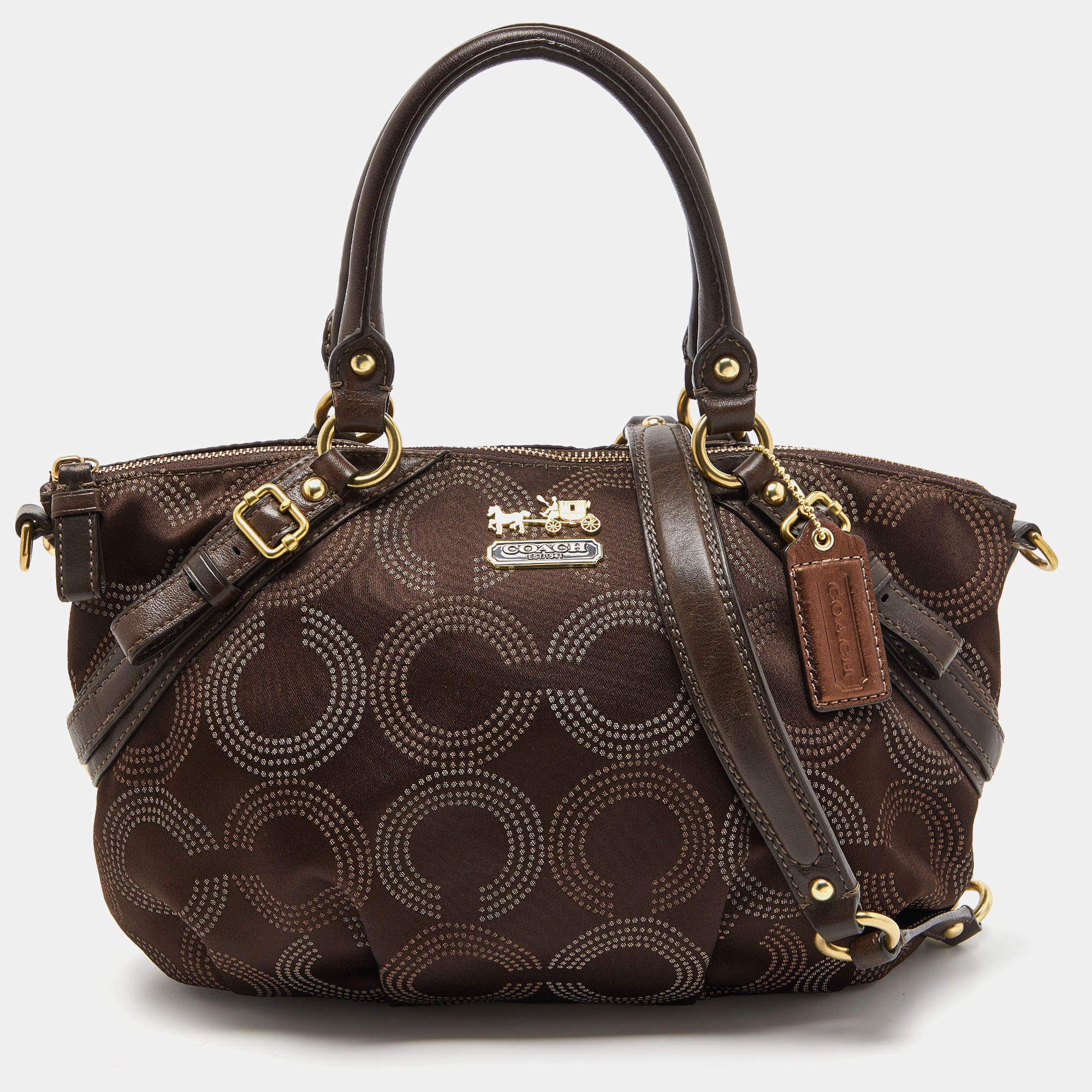 Pre Owned Coach Dark Brown Op Art Signature Satin and Leather Madison Satchel