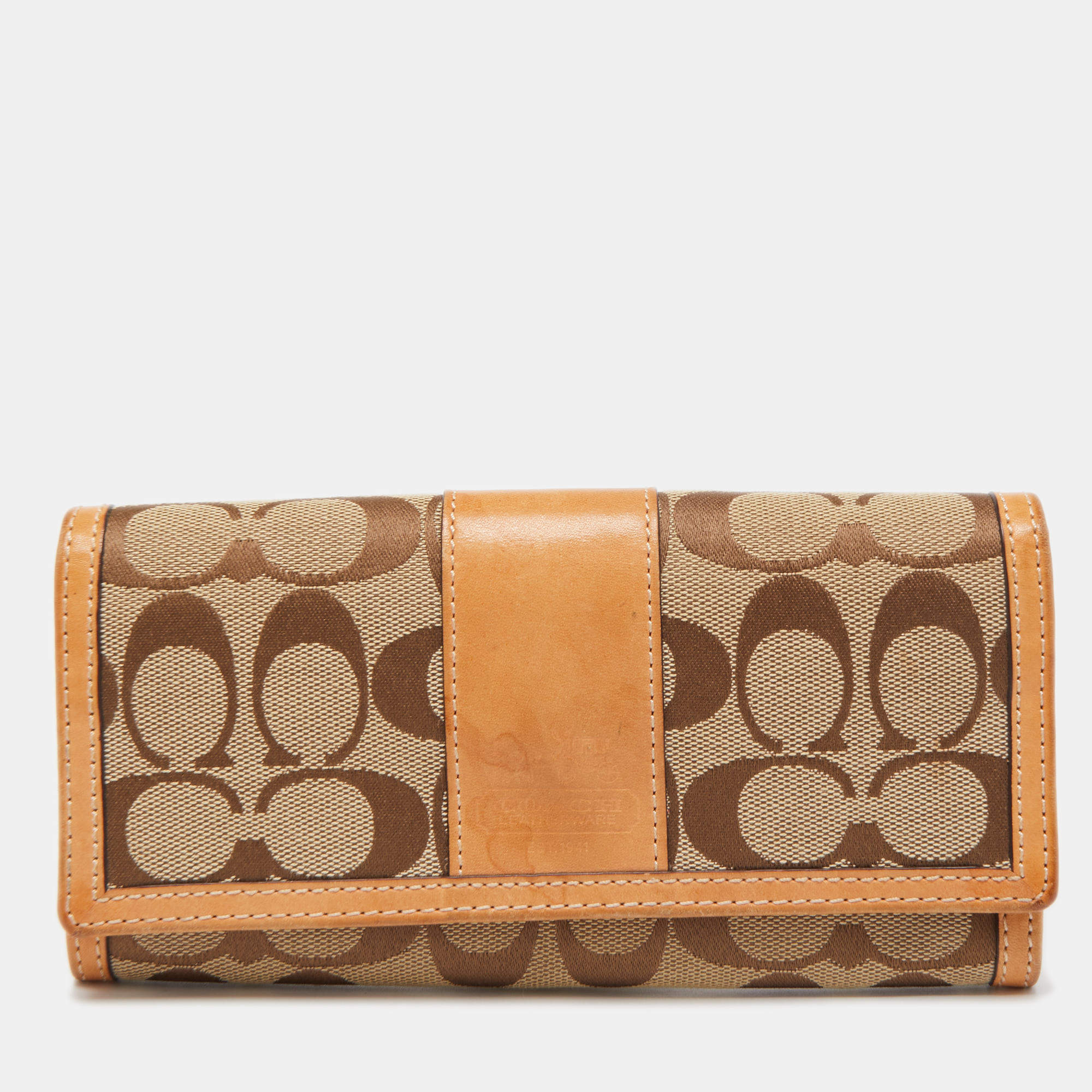 Coach Natural/Beige Signature Canvas and Leather Flap Continental Wallet