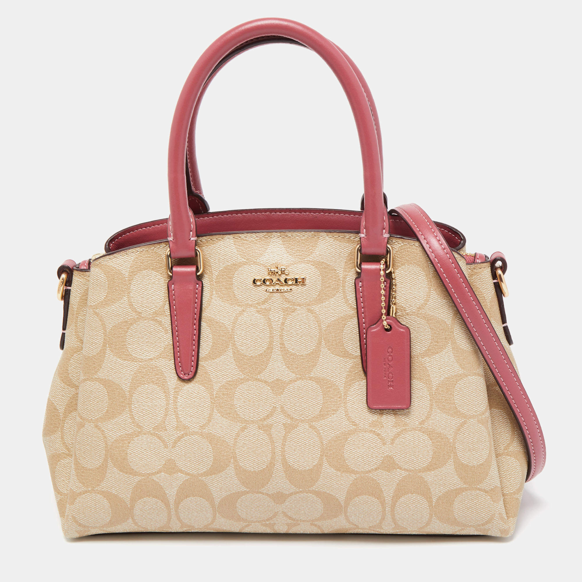 Coach Beige/Pink Signature Coated Canvas and Leather Mini Sage Carryall Satchel