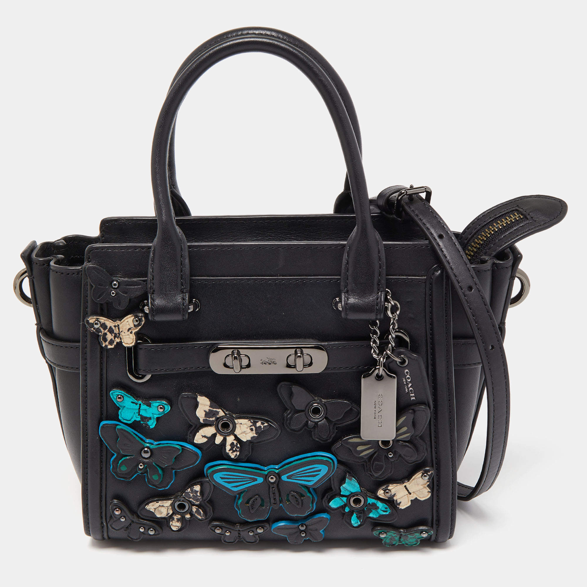 Pre Owned Coach Black Leather Butterfly Embellished Swagger 20 Carryall Top Handle Bag